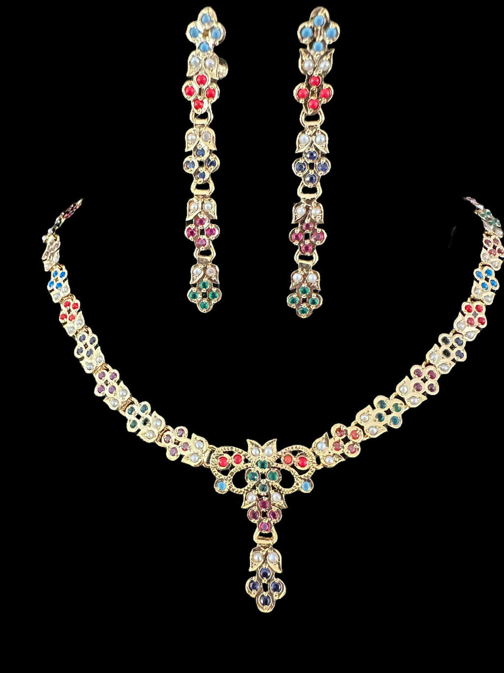 Navratan necklace set in gold plated silver ( READY TO SHIP )