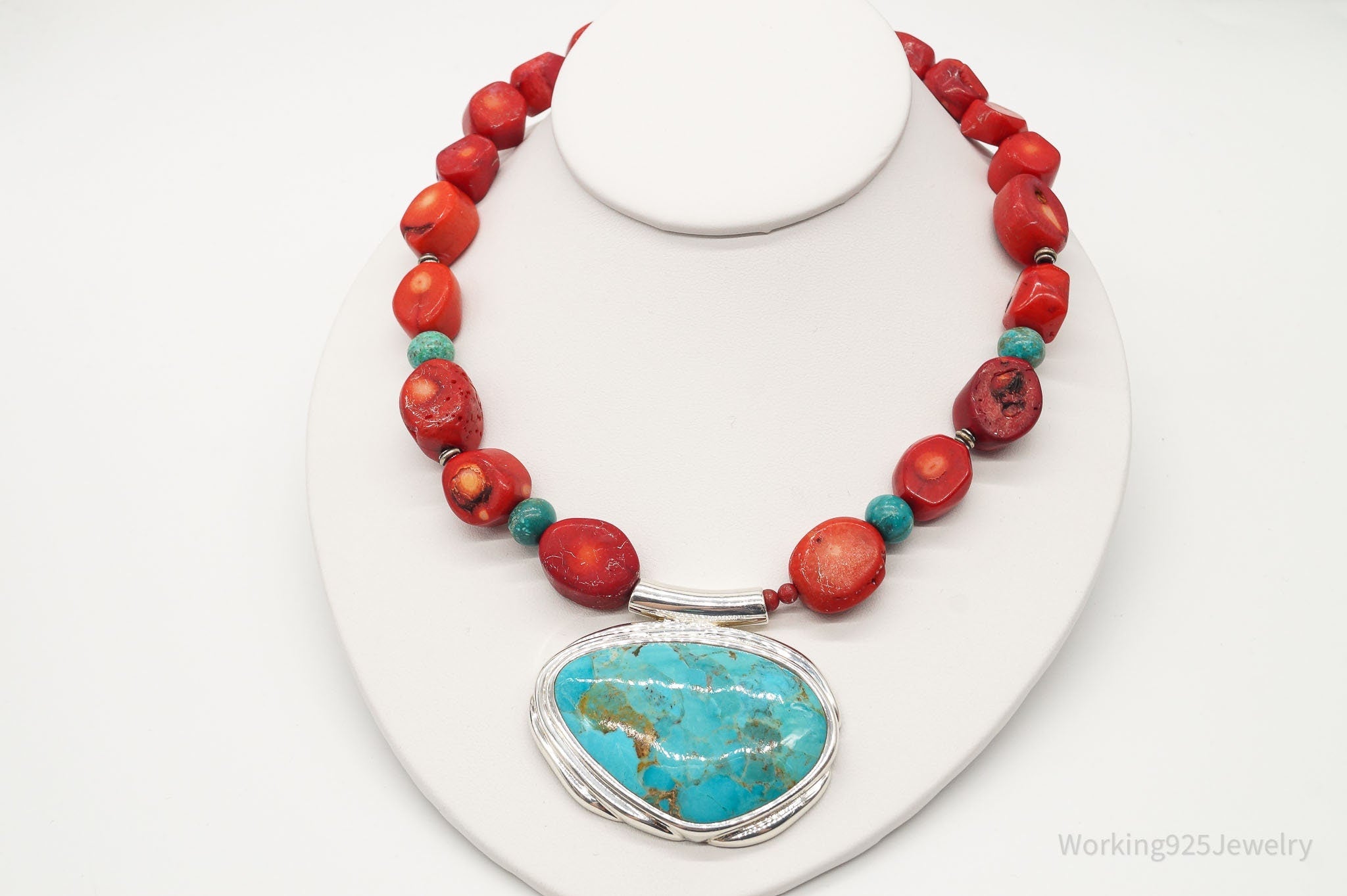 Vintage BARSE Chunky Coral Turquoise Sterling Silver Bead Necklace