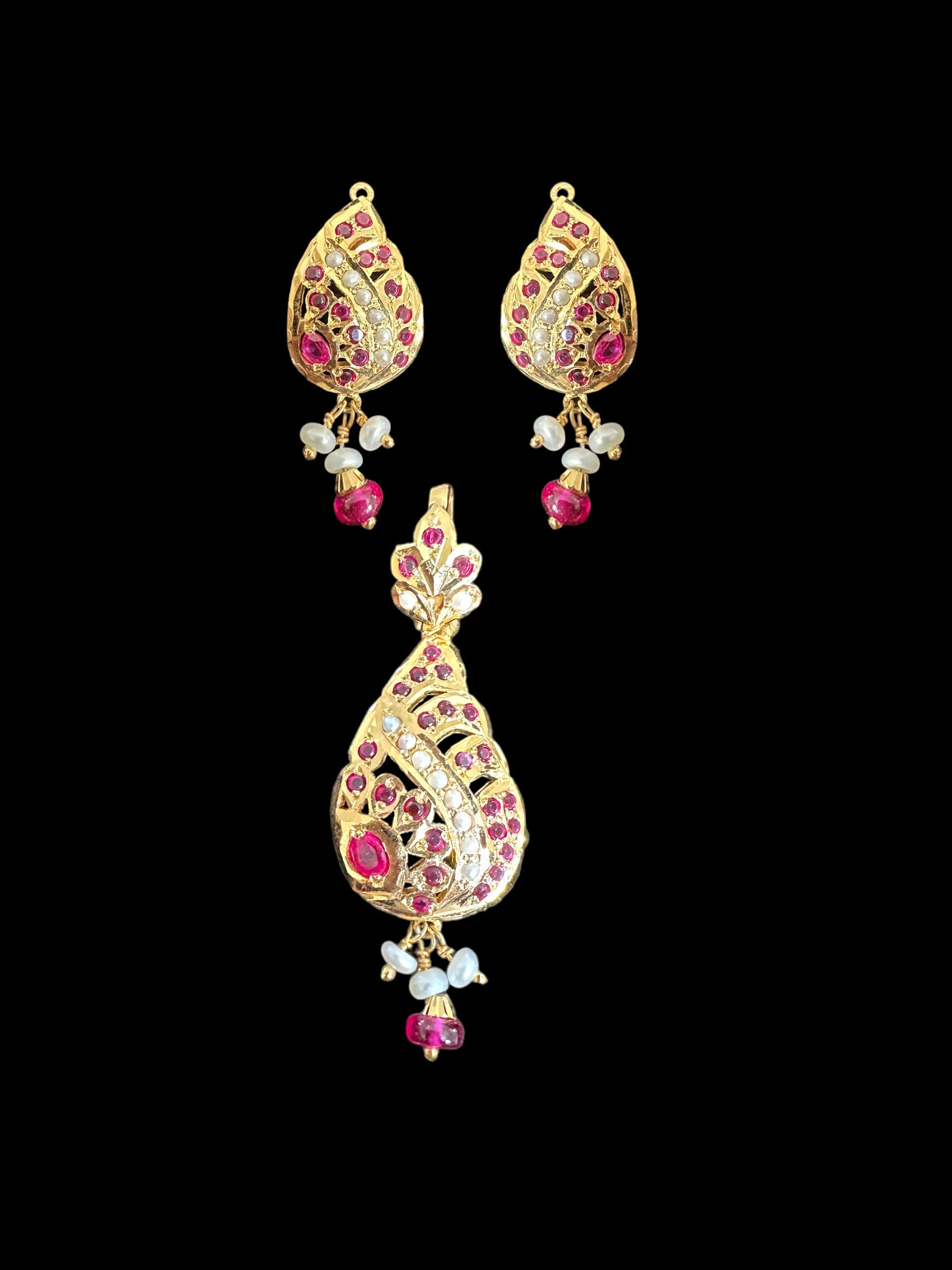 Gold-Plated Jadau Silver Pendant Set in Ruby & Pearl 
 ( READY TO SHIP )