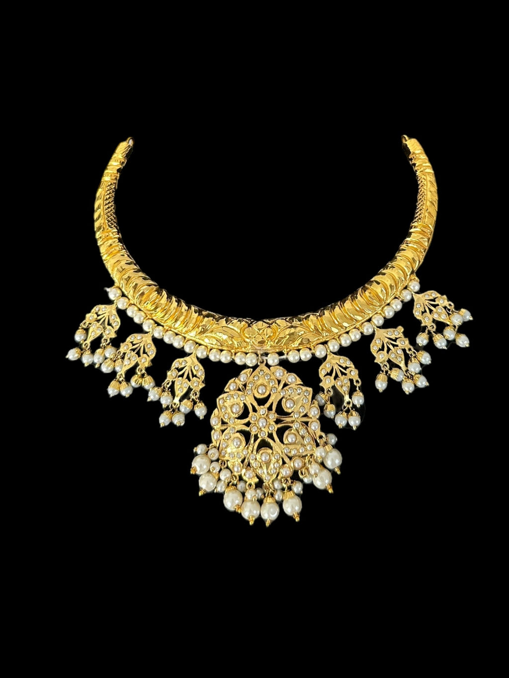 DNS189 Gold-Plated jadau Floral Hasli Necklace with jhumka earrings tika  – Handcrafted Traditional Set ( READY TO SHIP )
