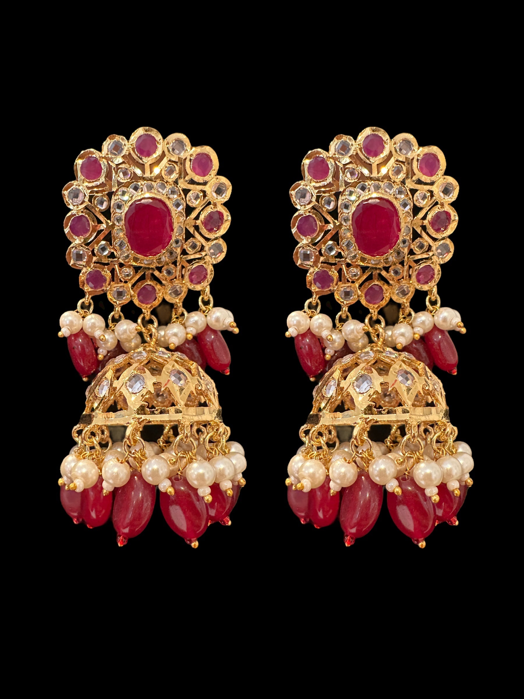 C333 Hyderabadi  choker set in pearls  and ruby with jhumka ( SHIPS IN 4 WEEKS )