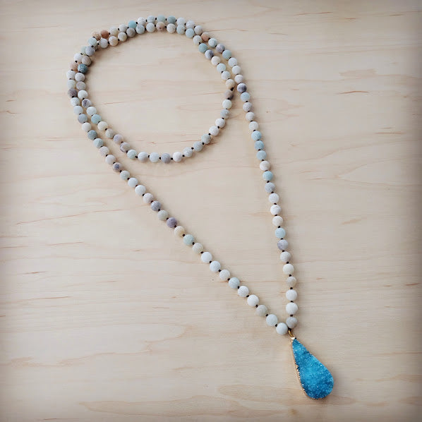 Frosted Amazonite Long Beaded Necklace with Agate Pendant 260o