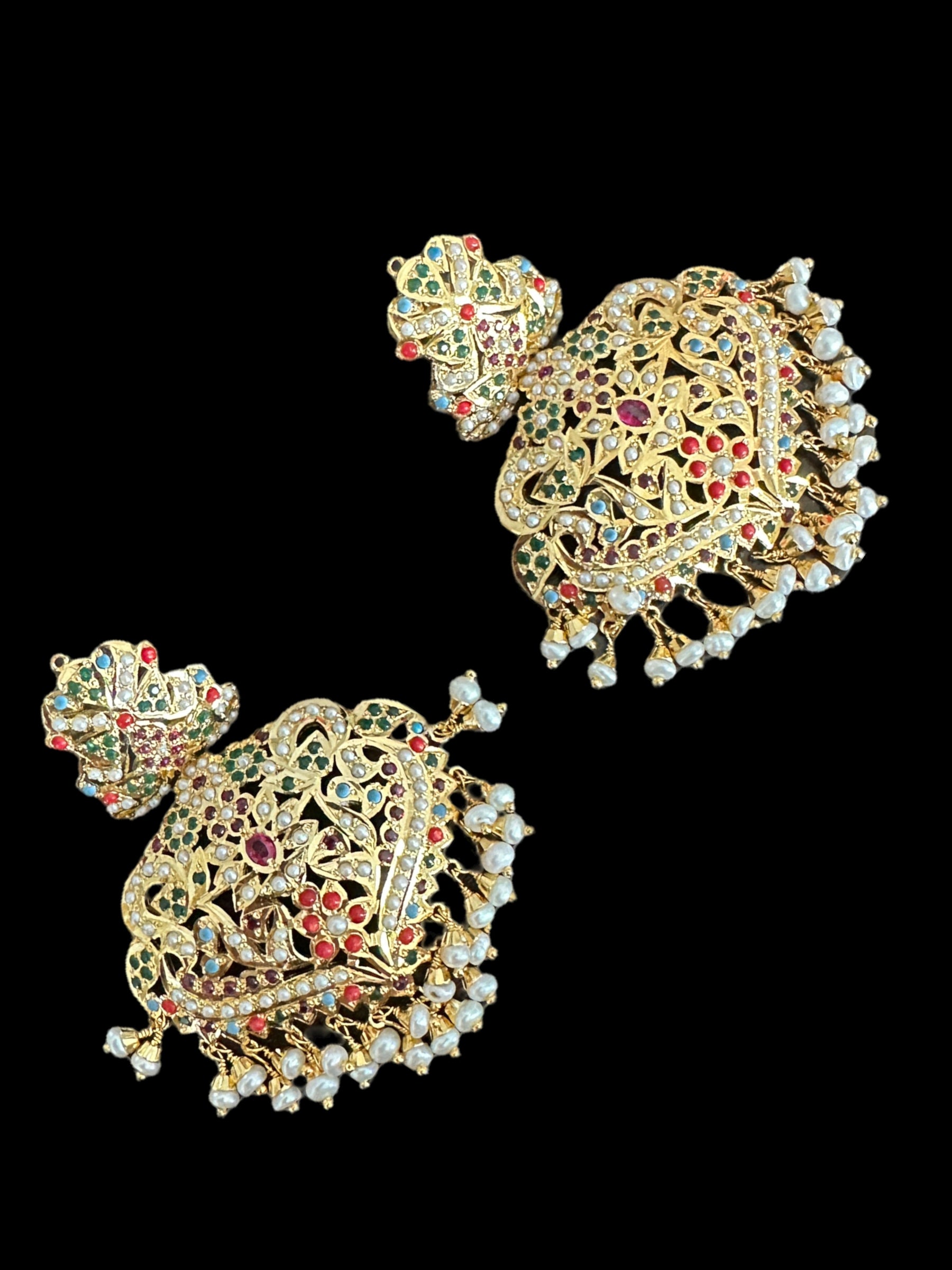 92.5 silver gold plated earrings in navratan with fresh water pearls (READY TO SHIP )