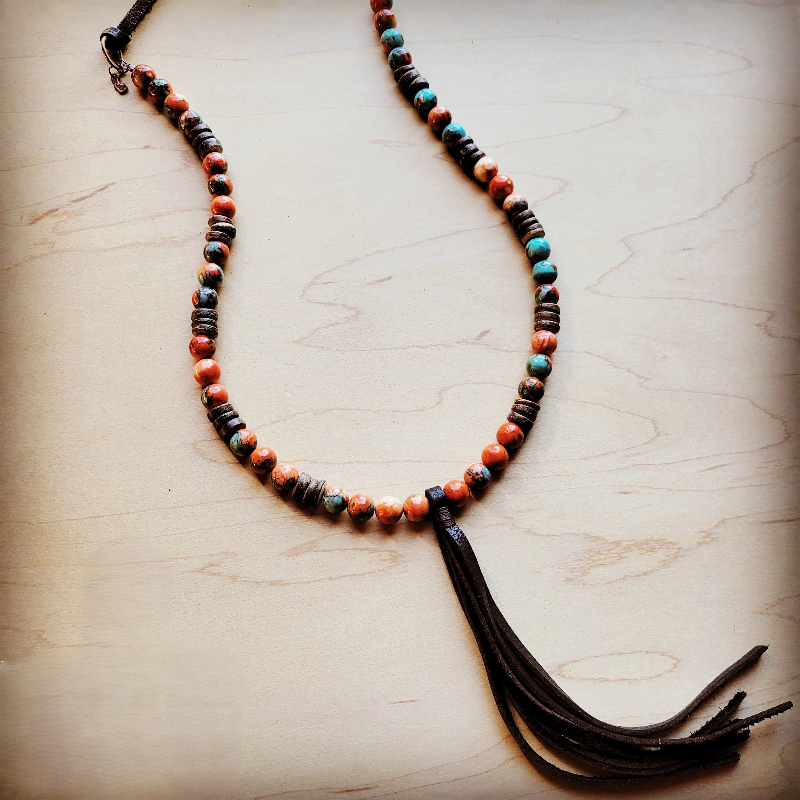 **Multi-Colored Turquoise Necklace with Wood Beads & Leather Tassel 236B