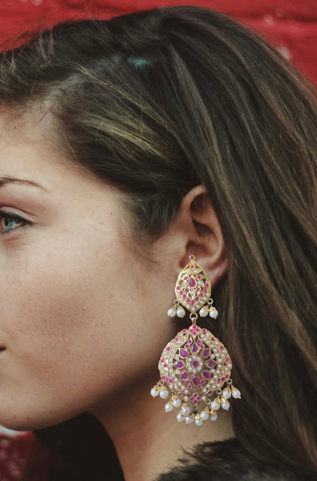 DER792 Megha jadau earrings in ruby pearl ( READY TO SHIP )