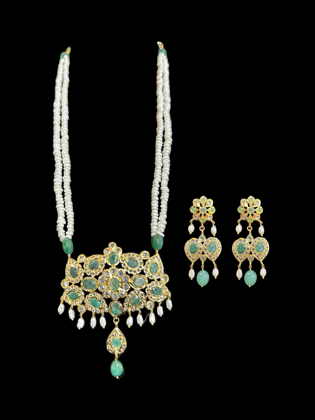 DLN35 Gold plated long necklace with emeralds and pearls ( SHIPS IN 4 WEEKS )