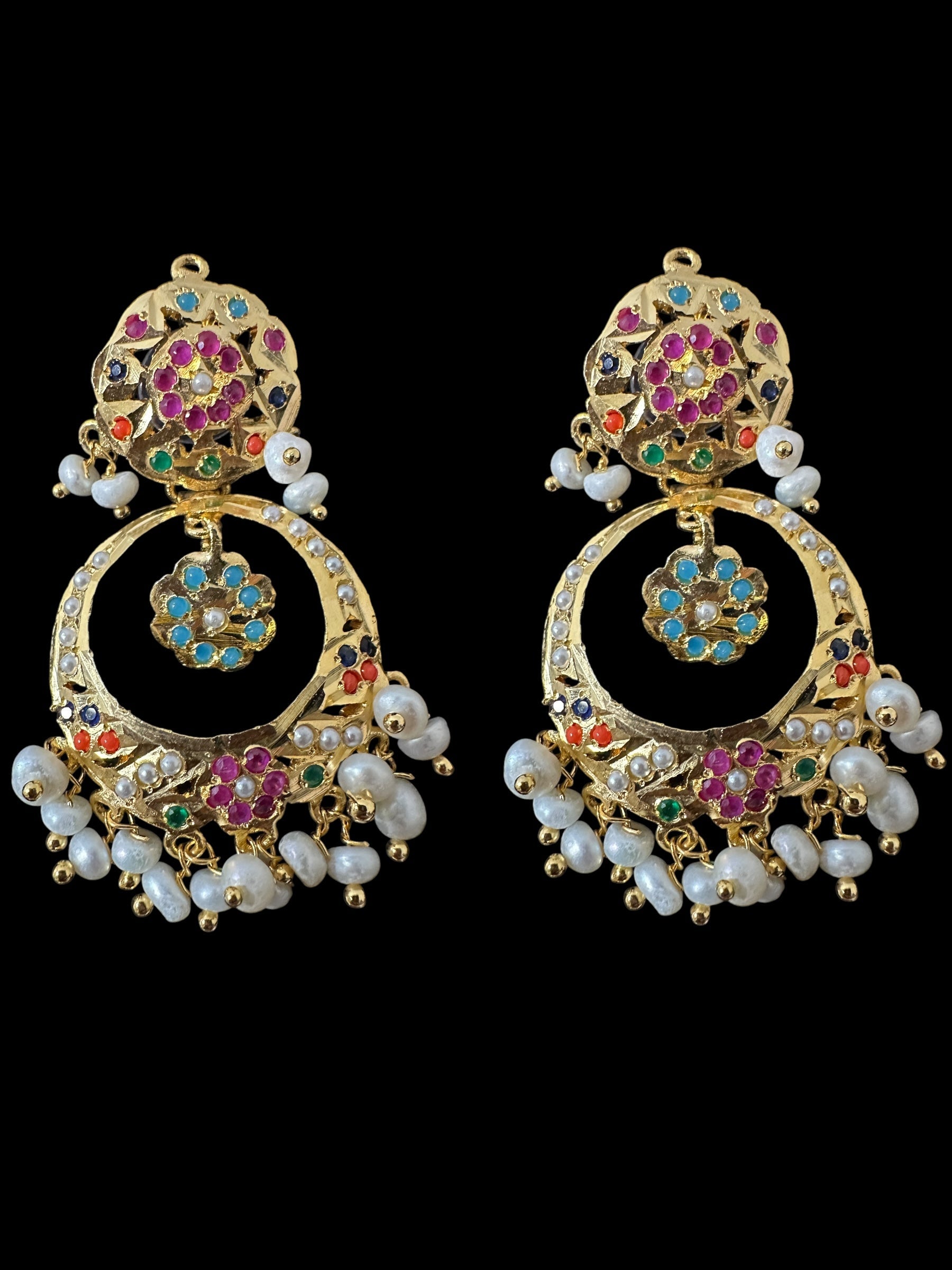 DNS195  Navratan jadau necklace set in fresh water pearls  ( READY TO SHIP )