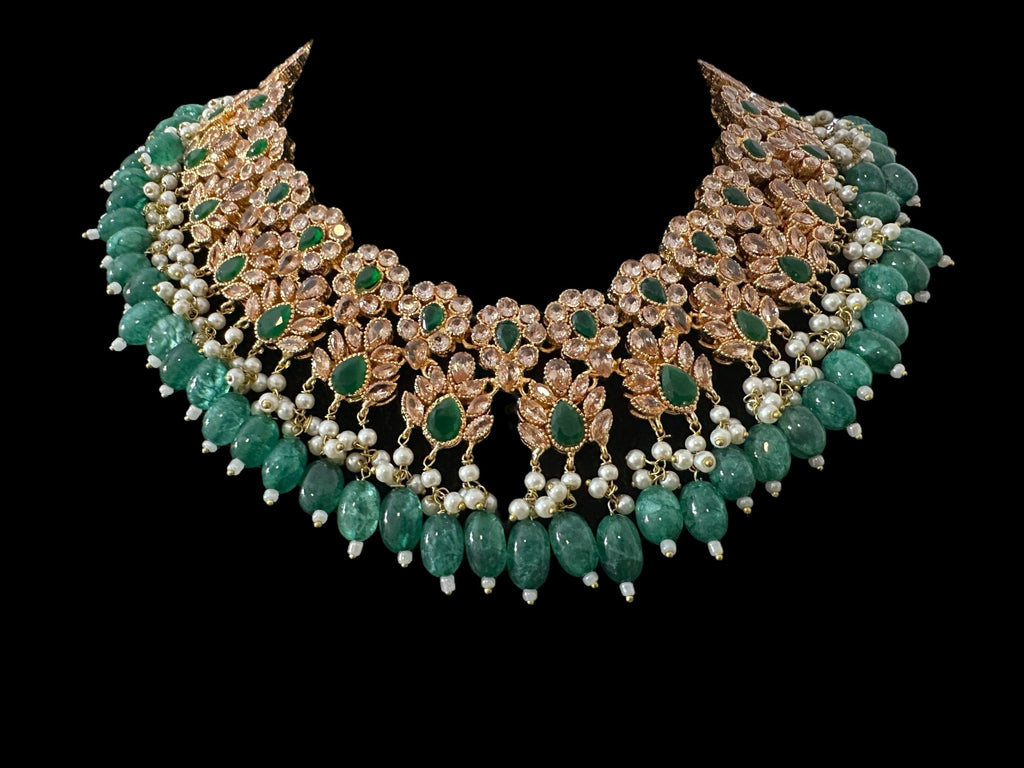 BR500 Kafiya bridal set in golden / champagne  stones and green beads ( READY TO SHIP )