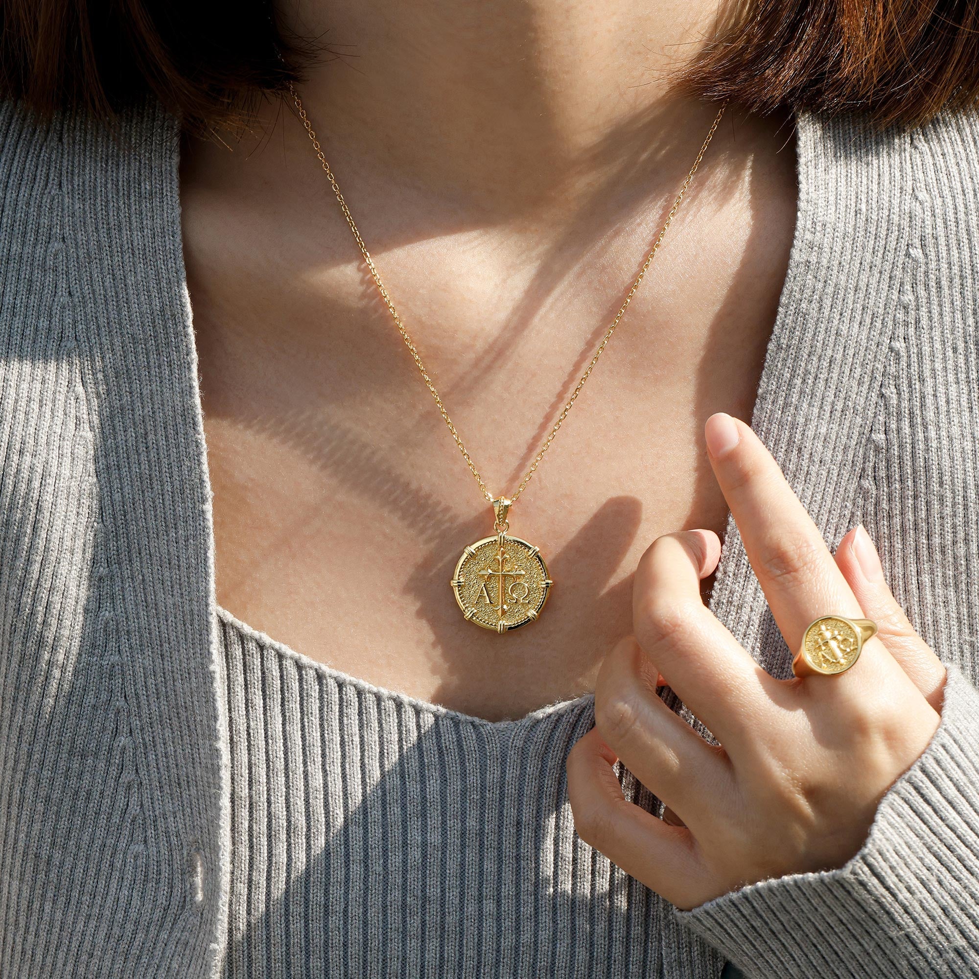 Alpha Omega Fleur-de-Lis Cross Medallion Necklace