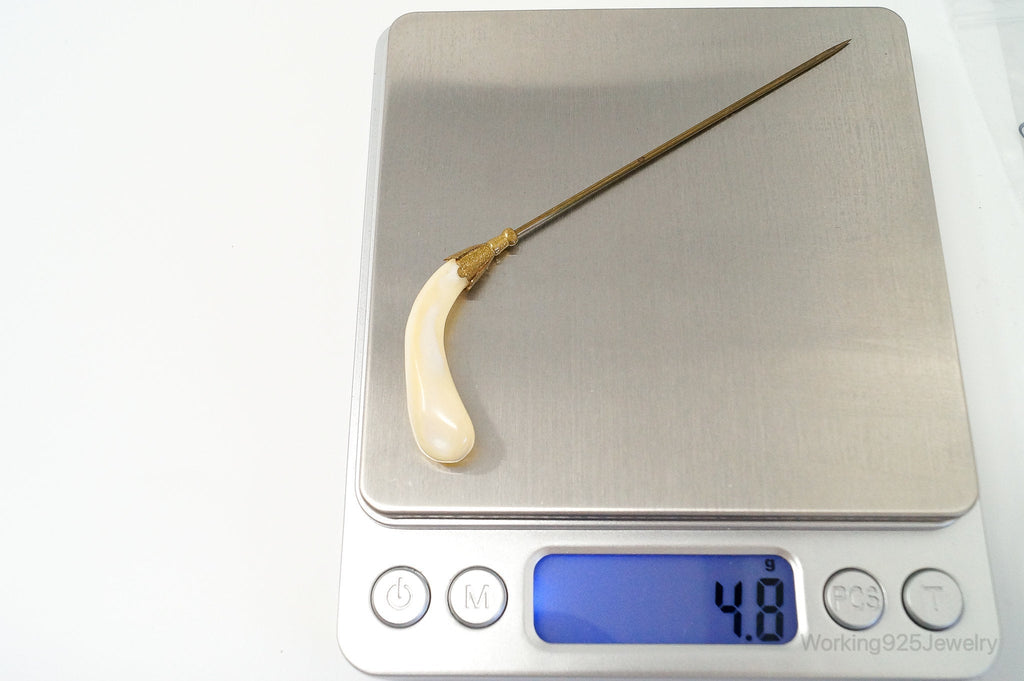 Long Antique Mother Of Pearl Brass Brooch Pin