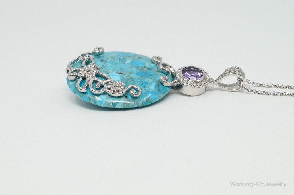 Designer Large Blue Mojave Turquoise Amethyst Sterling Silver Necklace