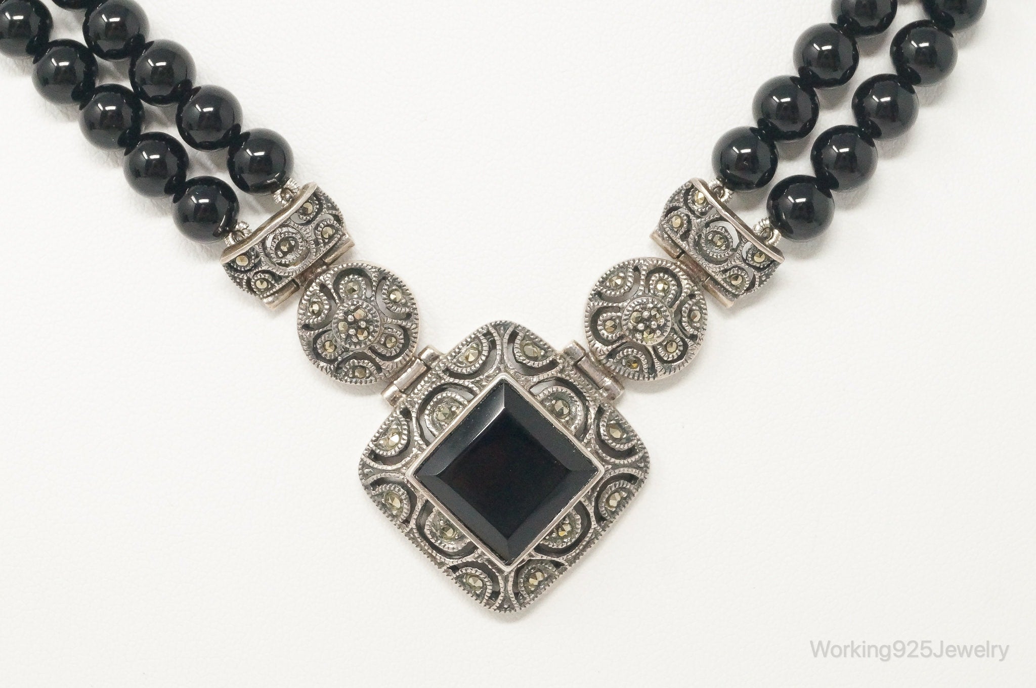 Vintage Designer Judith Jack Black Onyx Marcasite Sterling Silver Necklace