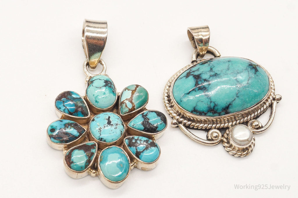 Vintage Turquoise Pearl Bali Style Sterling Silver Pendant Set