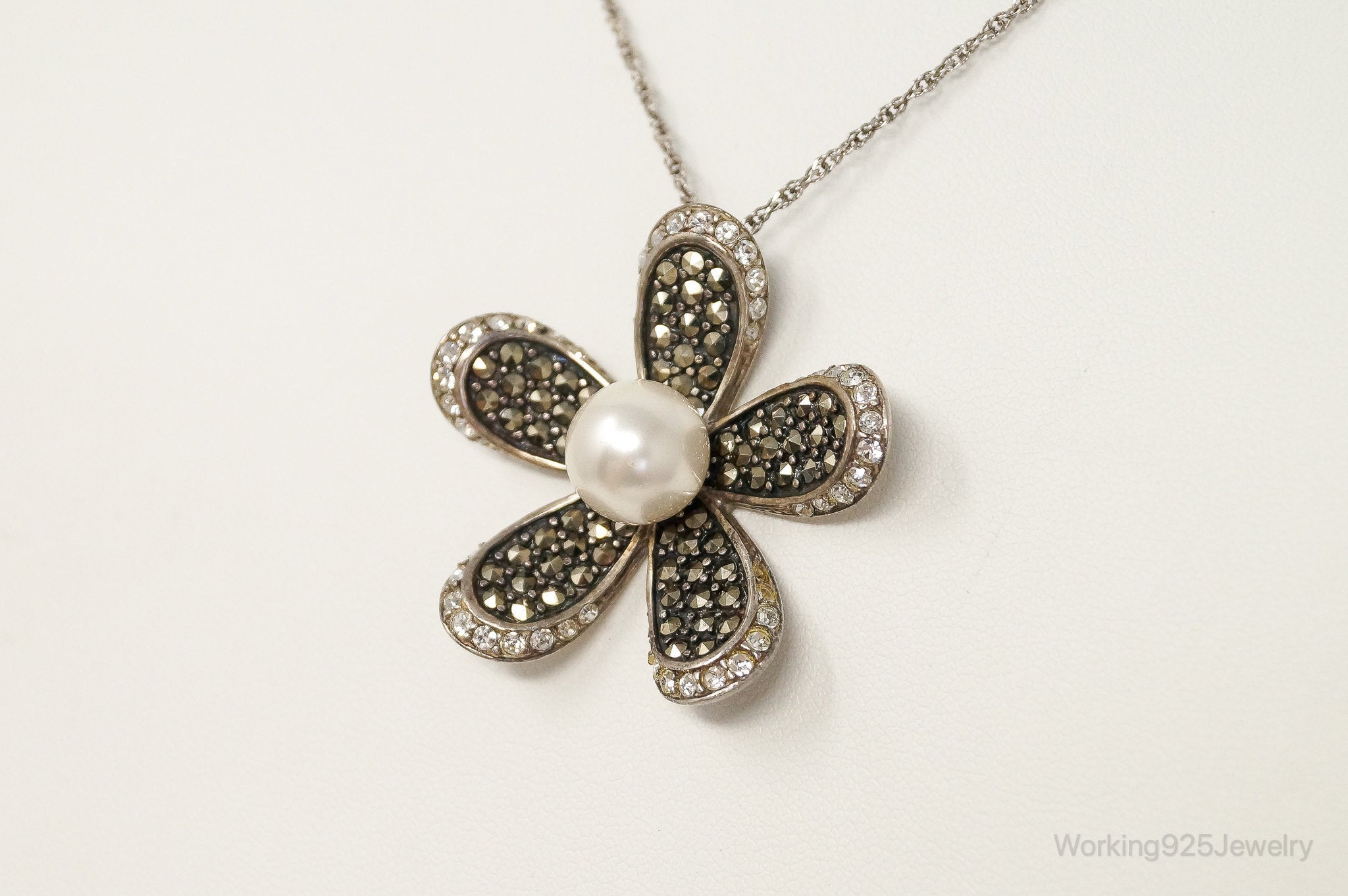 Vintage Designer SLC Pearl CZ Marcasite Sterling Silver Flower Necklace