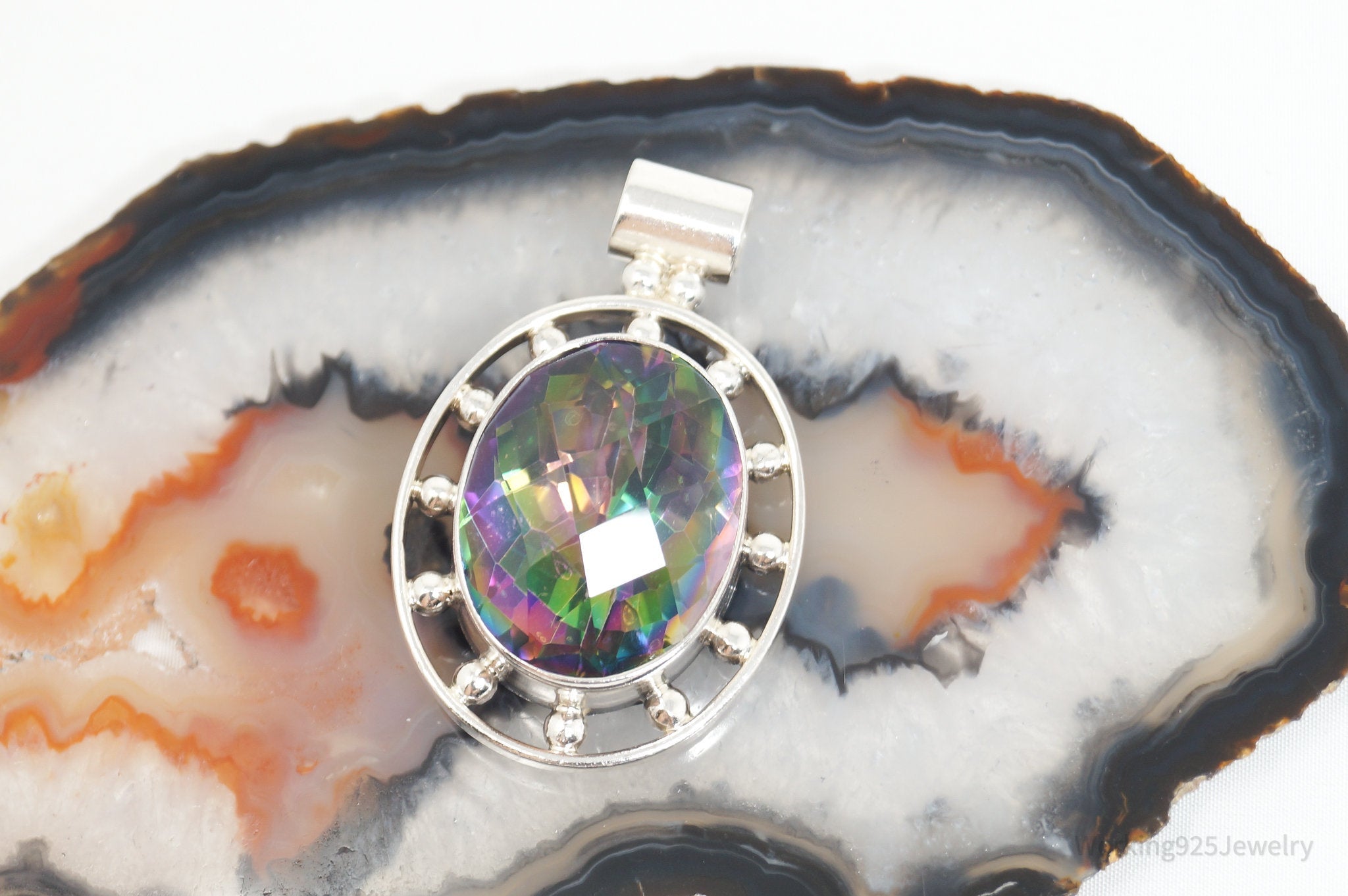 Vintage Large Mystic Topaz Sterling Silver Necklace Pendant