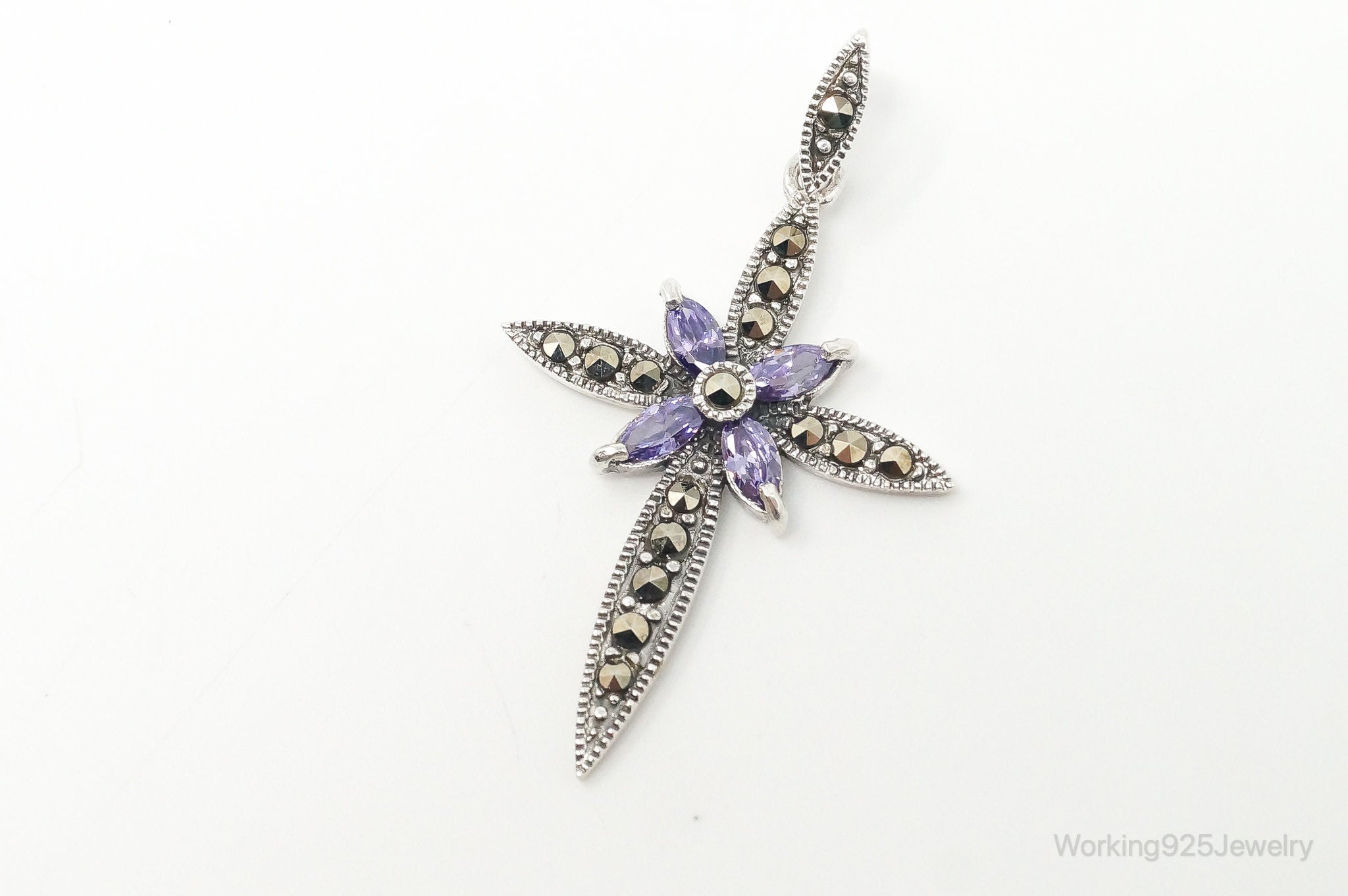 Large Vintage Amethyst Marcasite Cross Sterling Silver Pendant