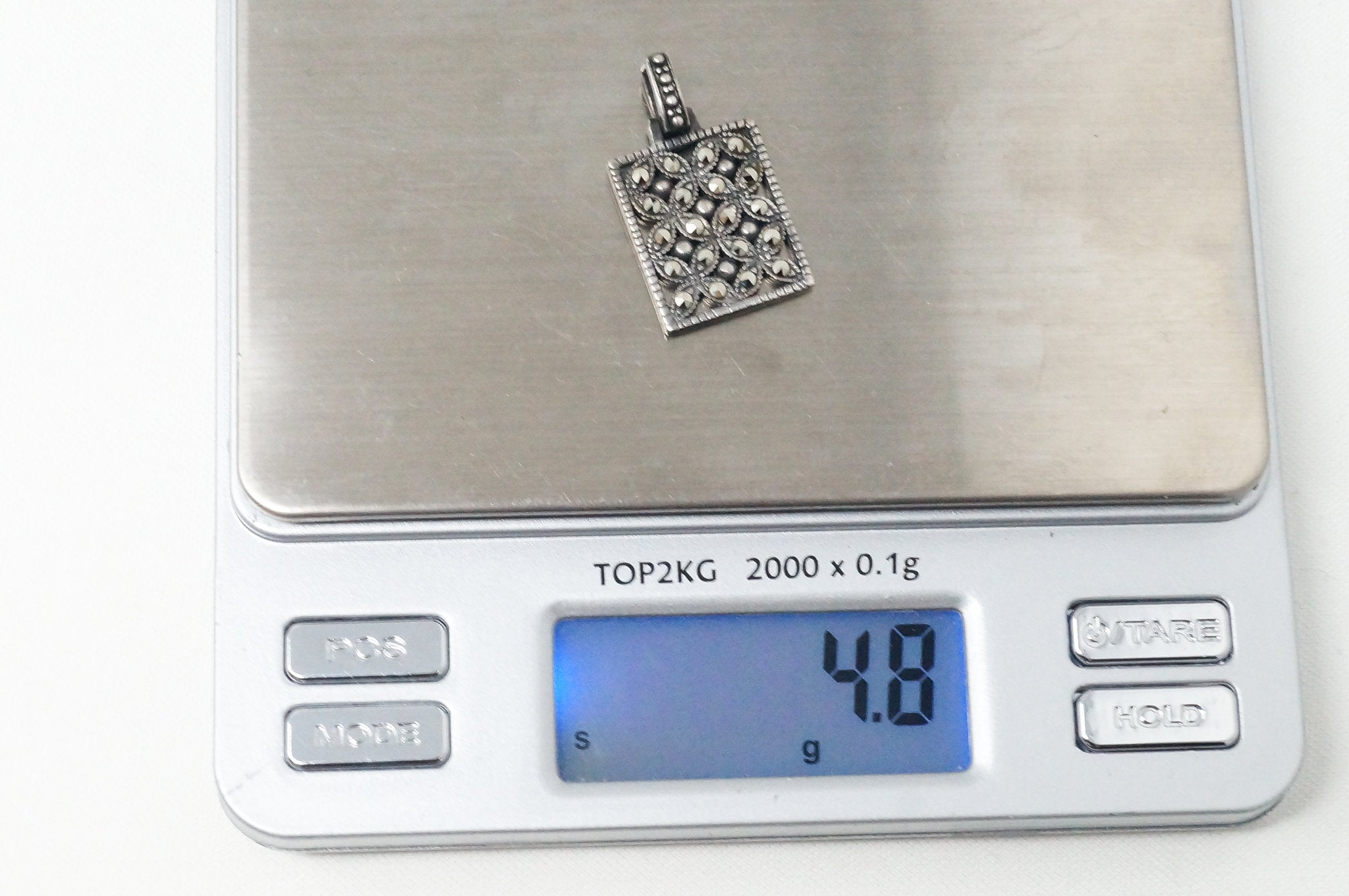 Vintage Designer BOMA Marcasite Sterling Silver Square Necklace Pendant