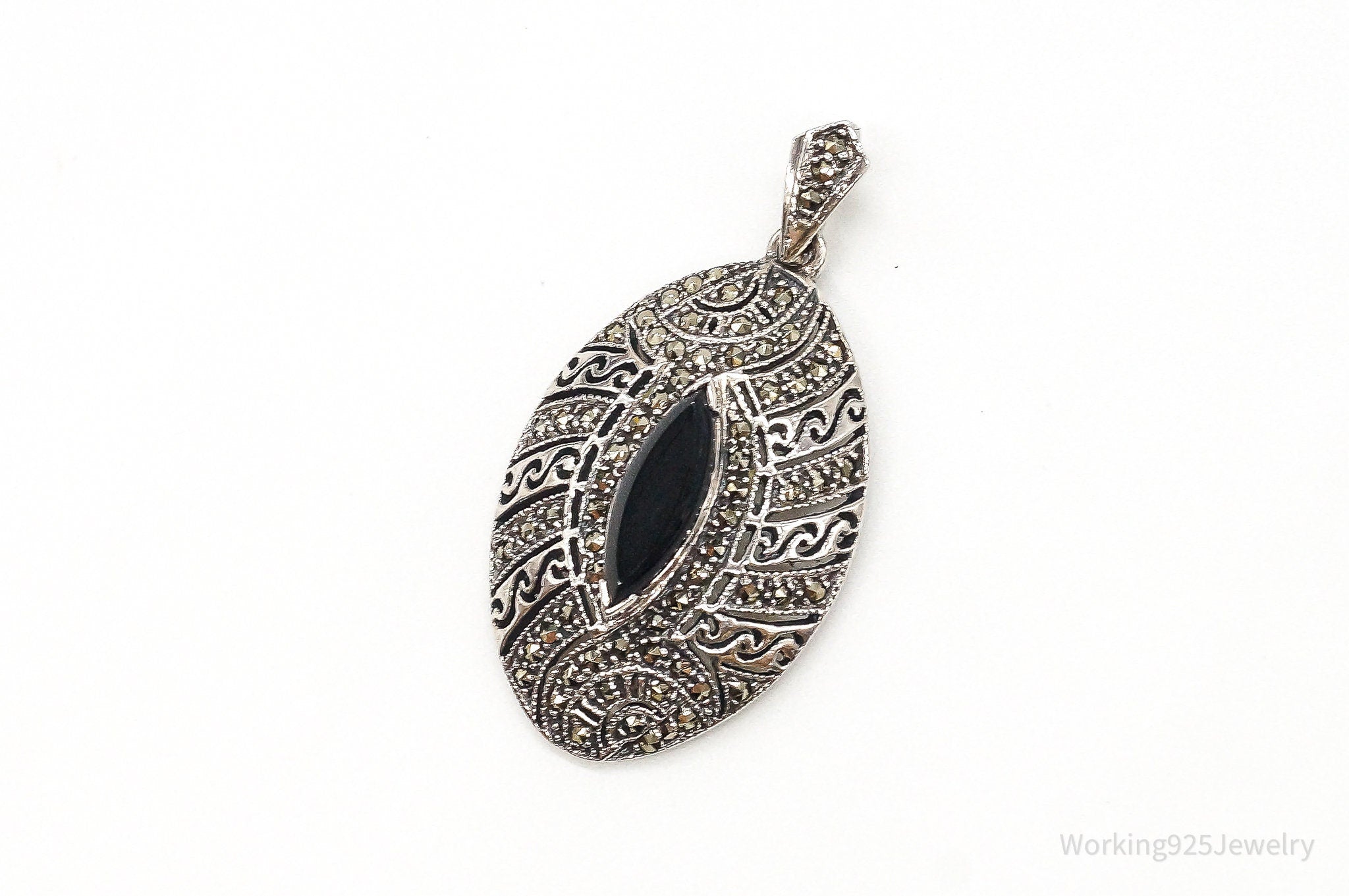 Vintage Large Black Onyx Marcasite Sterling Silver Pendant