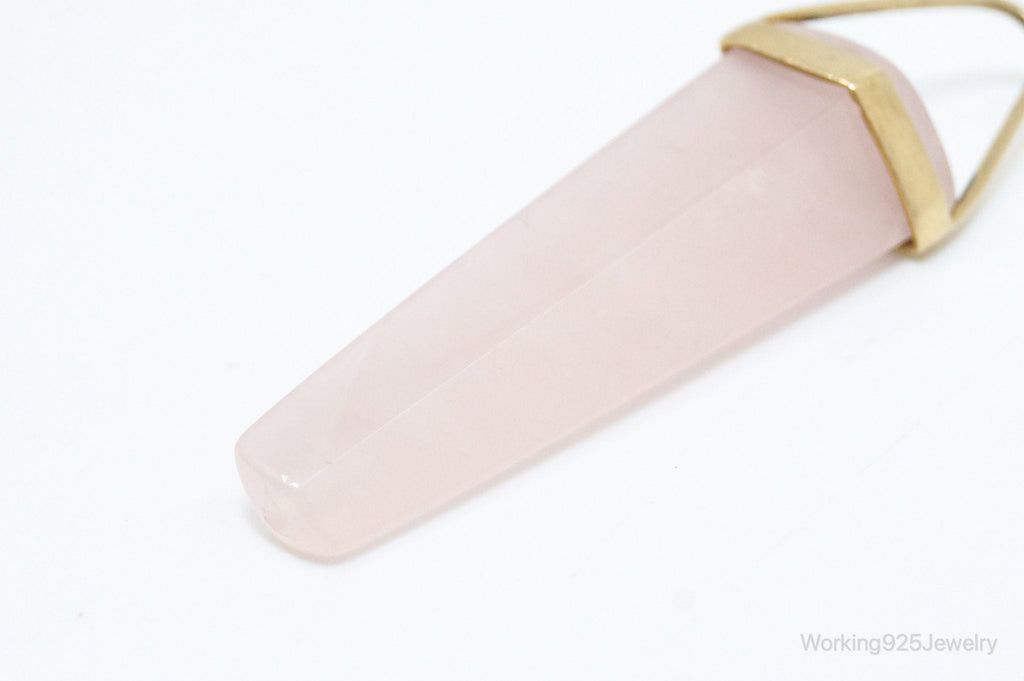 Large Vintage Rose Quartz Gold Wash Sterling Silver Necklace Pendant