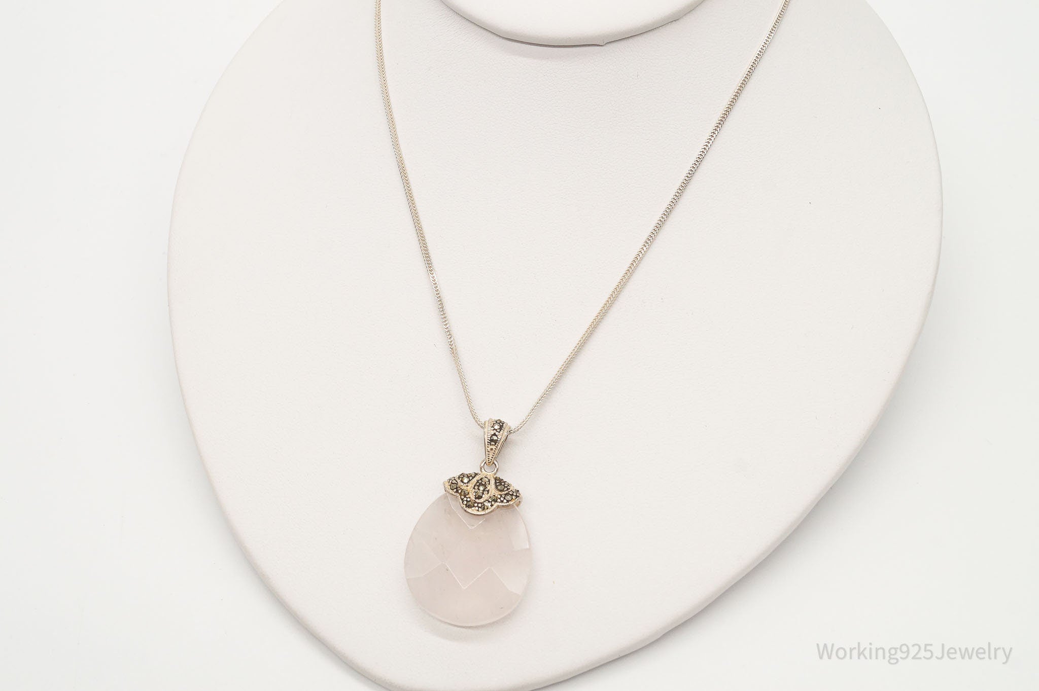 Vintage Large Rose Quartz Marcasite Sterling Silver Necklace