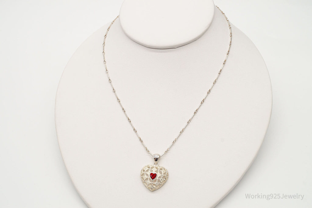 Vintage Avon Garnet Heart Sterling Silver Necklace