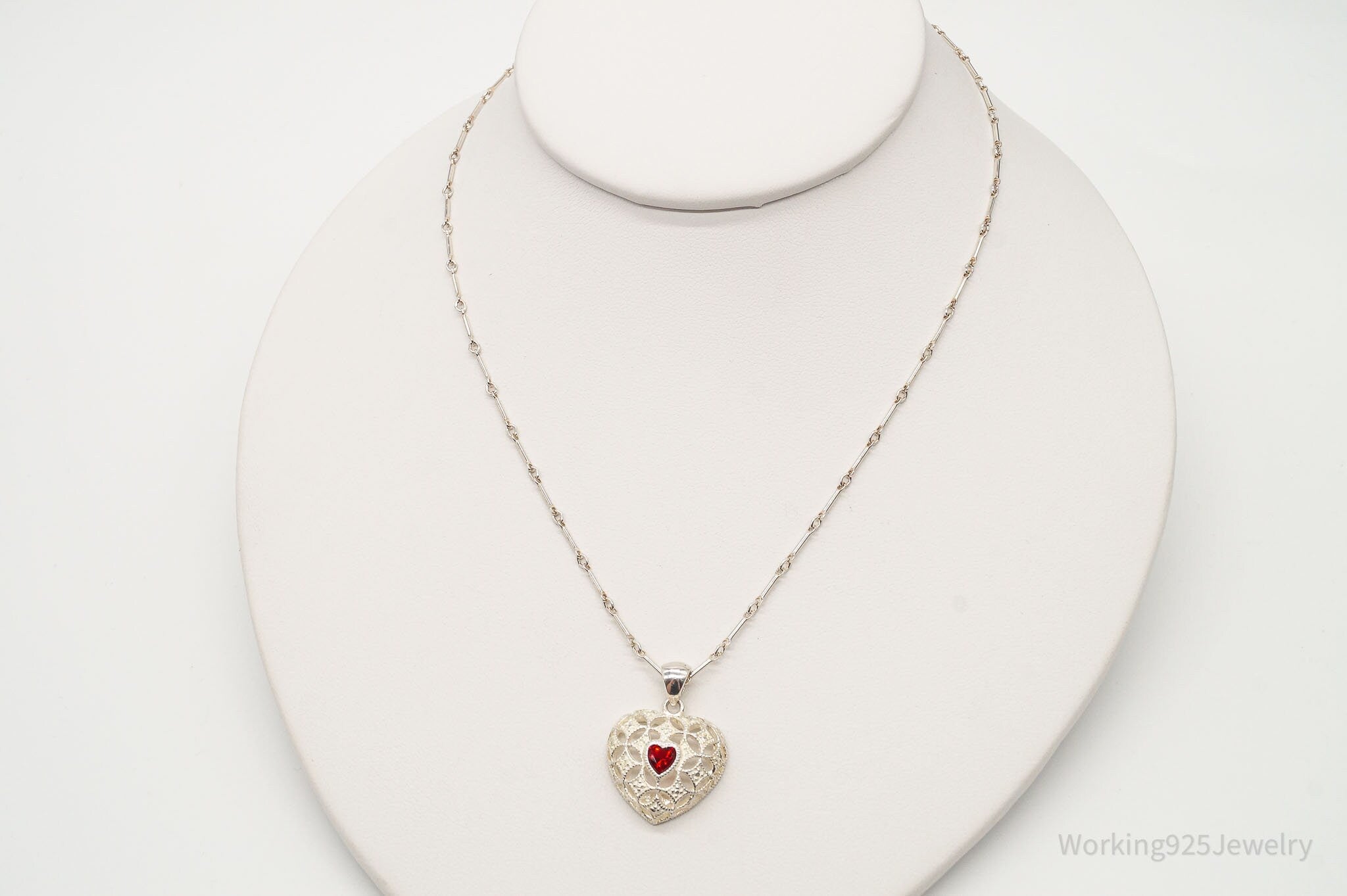 Vintage Avon Garnet Heart Sterling Silver Necklace