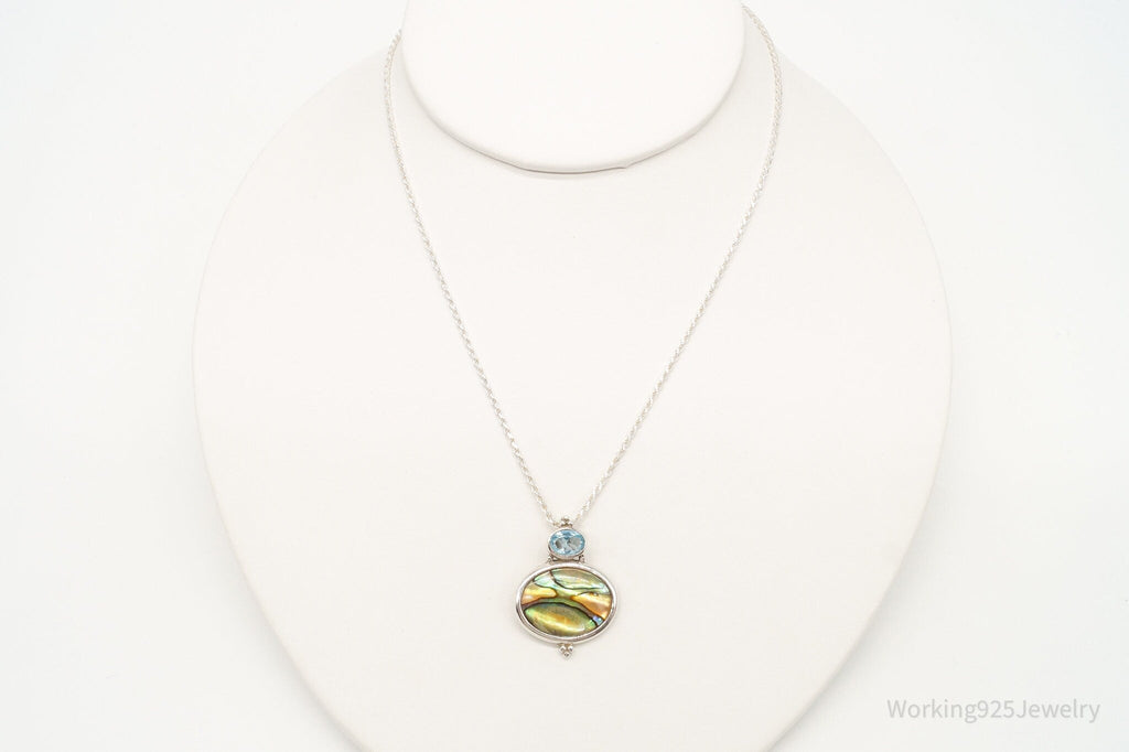 Vintage Paua Abalone Shell Blue Topaz Sterling Silver Necklace
