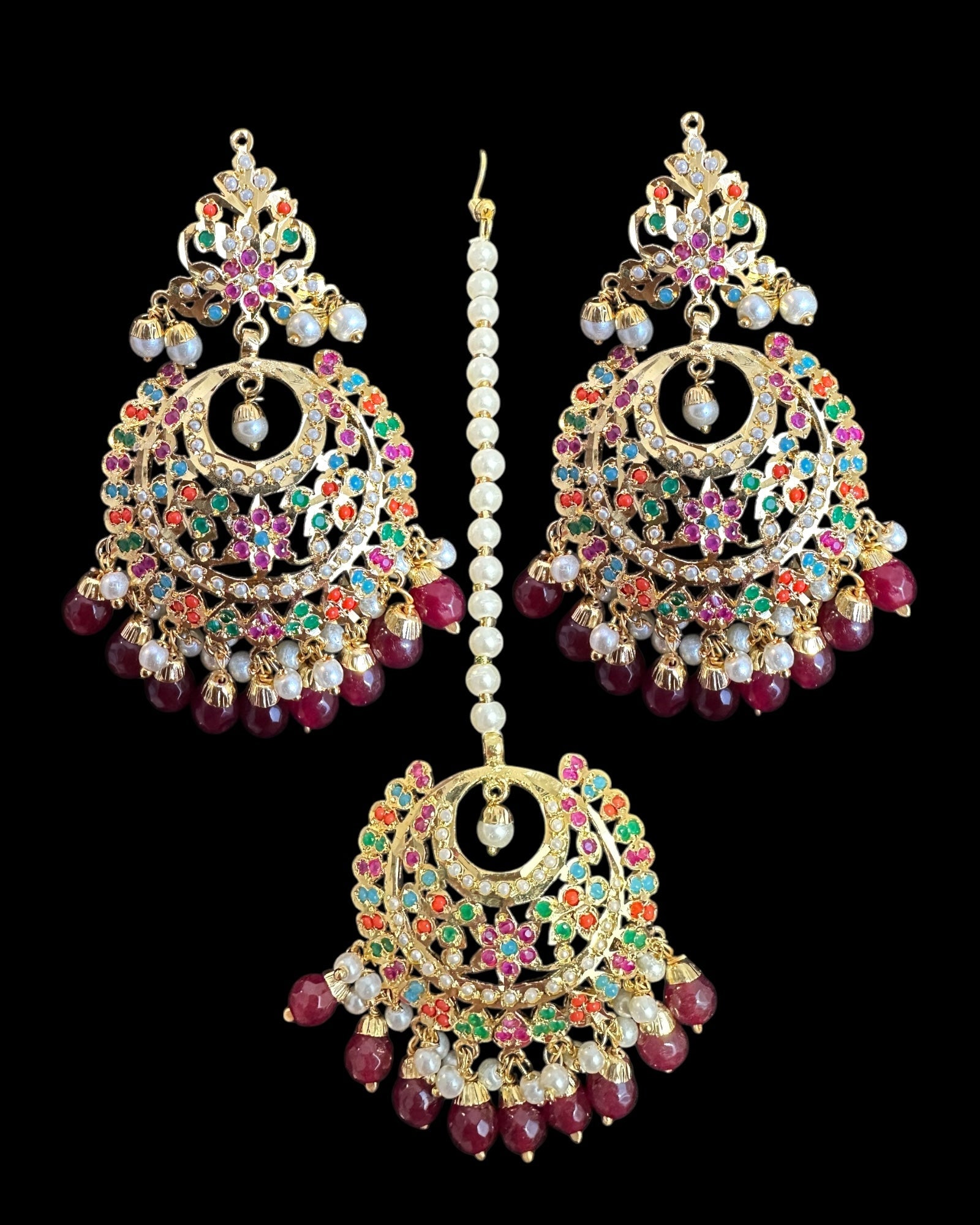 Dafiya Gold Plated Chandbali Earrings & Tika Set in Navratan | Ready to Ship | Deccan Jewelry