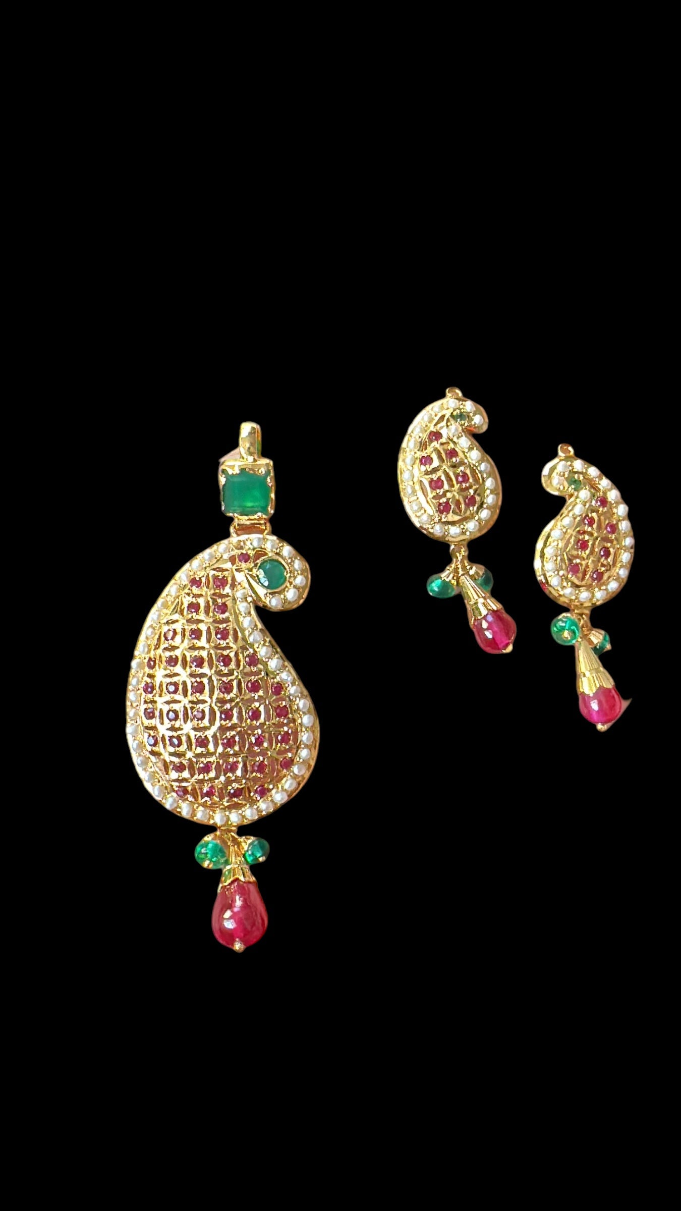 Gold‑Plated Jadau Silver Pendant Set in Ruby & Emeralds 
 ( SHIPS IN 4 WEEKS )