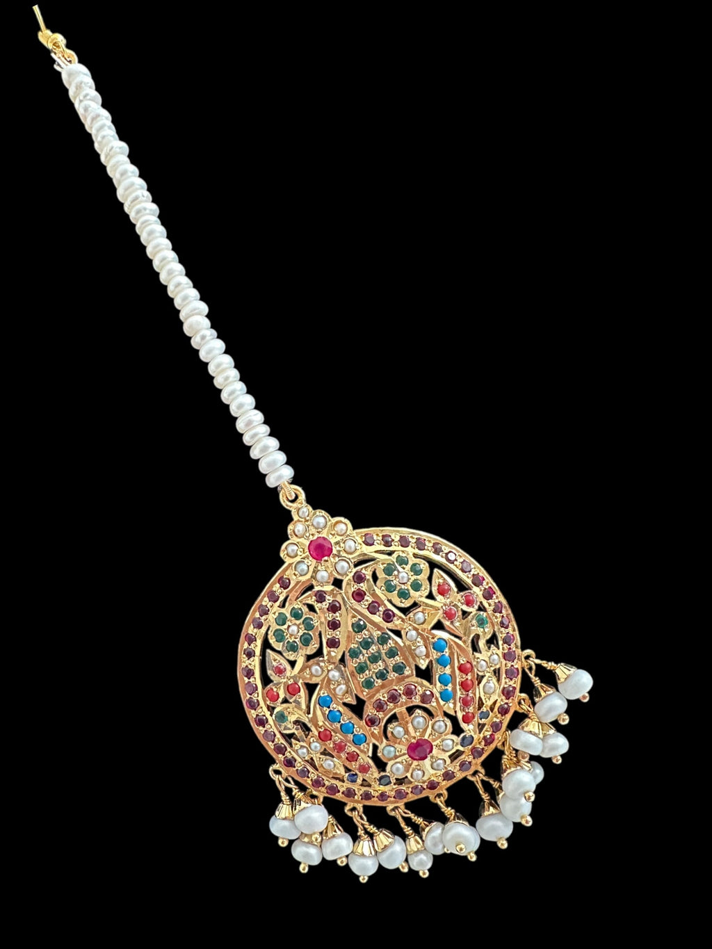 Navratan tika in silver with fresh water pearls - gold plated ( READY TO SHIP )