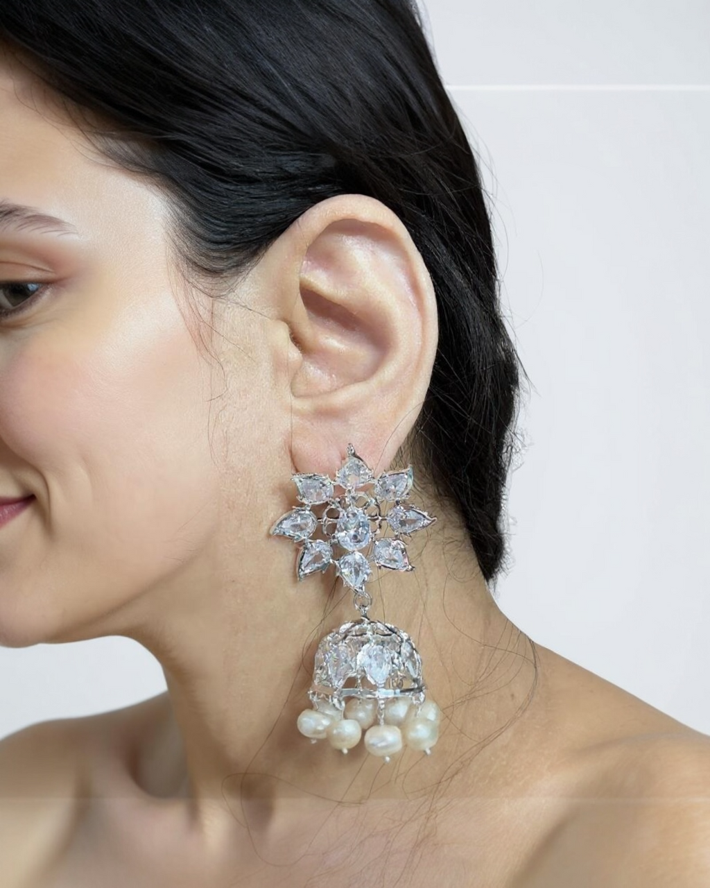 DER607 ✨ Evelyn Silver-Plated Karanphool Jhumka – With Pearls & High-Quality Zircon  ( Ready to Ship )