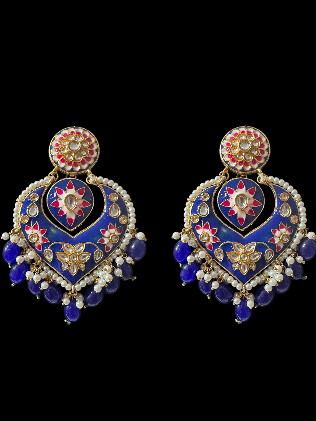 DER797 large sized kundan earrings - royal blue  ( READY TO SHIP )
