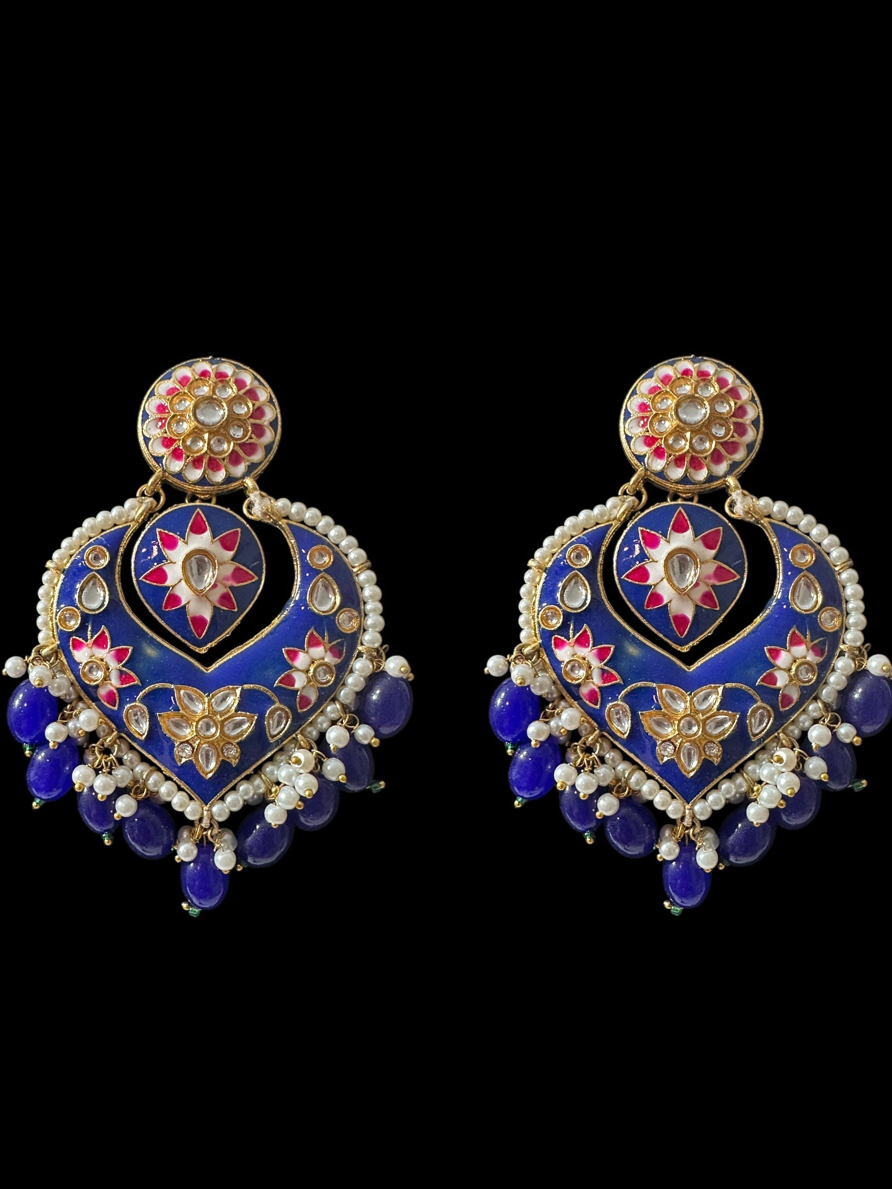 DER797 large sized kundan earrings - royal blue  ( READY TO SHIP )