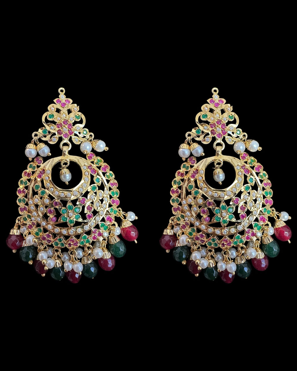 Dafiya ruby emerald Chandbali Earrings & Tika Set | Ready to Ship | Deccan Jewelry
