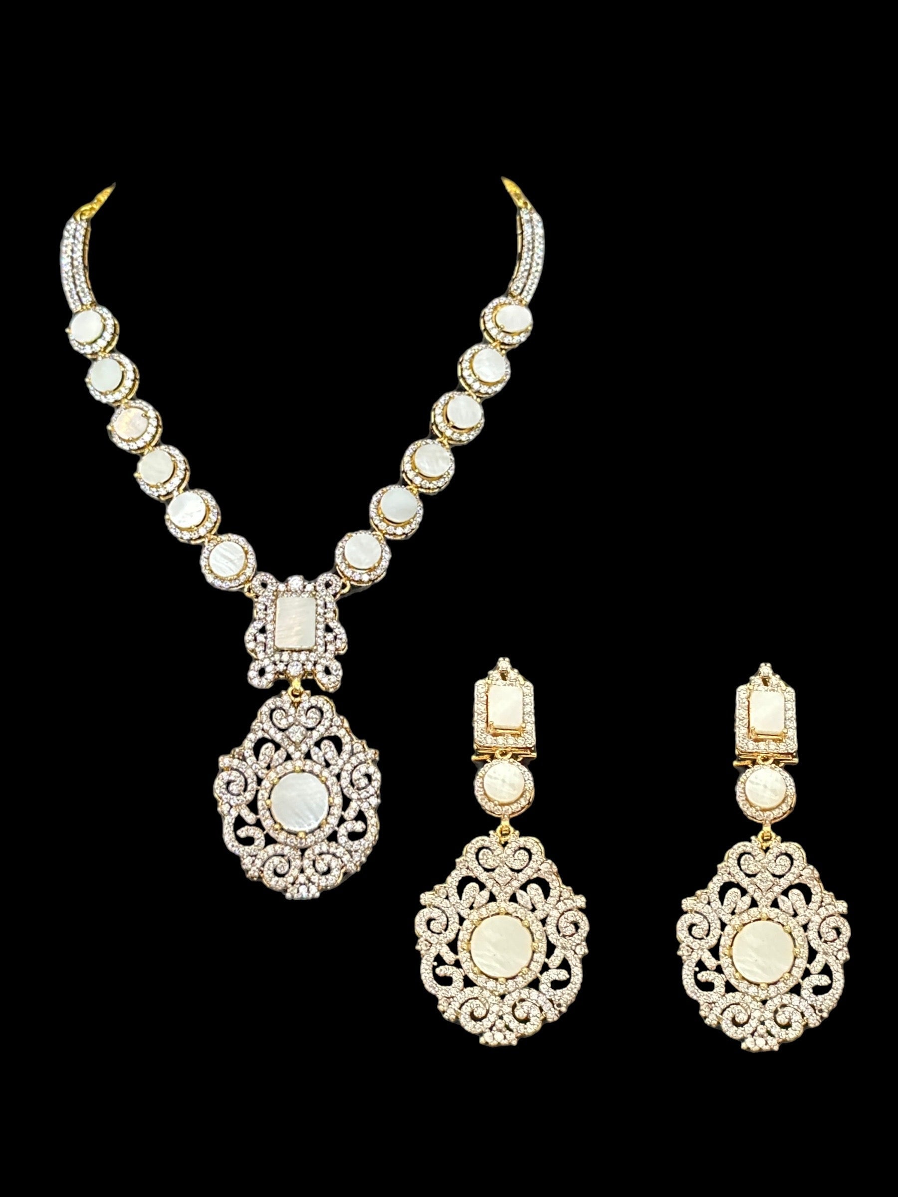 DNS117 zircon with mother of pearl necklace earrings set ( SHIPS IN 4 WEEKS  )