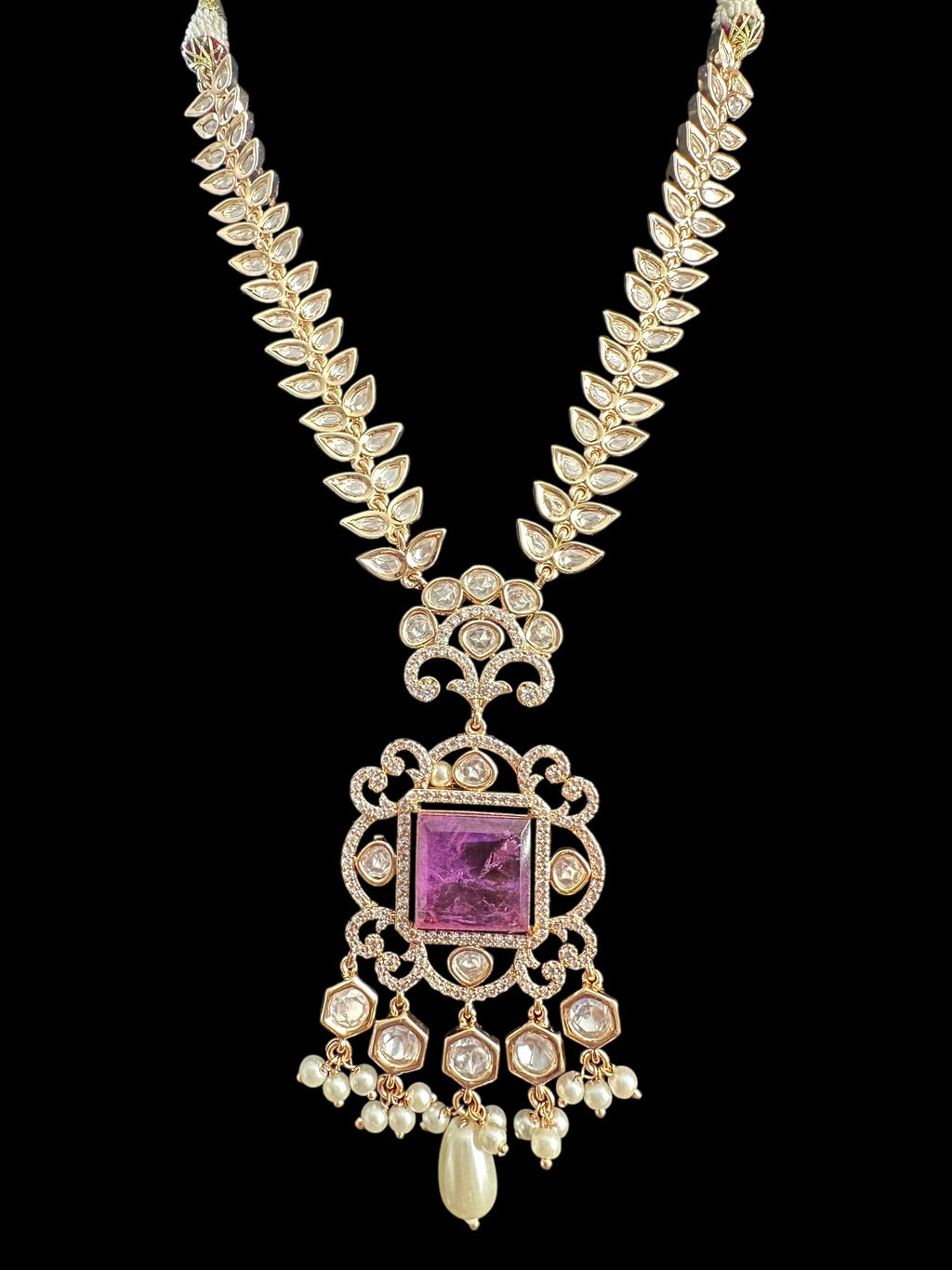 DNS154 Polki necklace set with pearls - PURPLE ( READY TO SHIP )