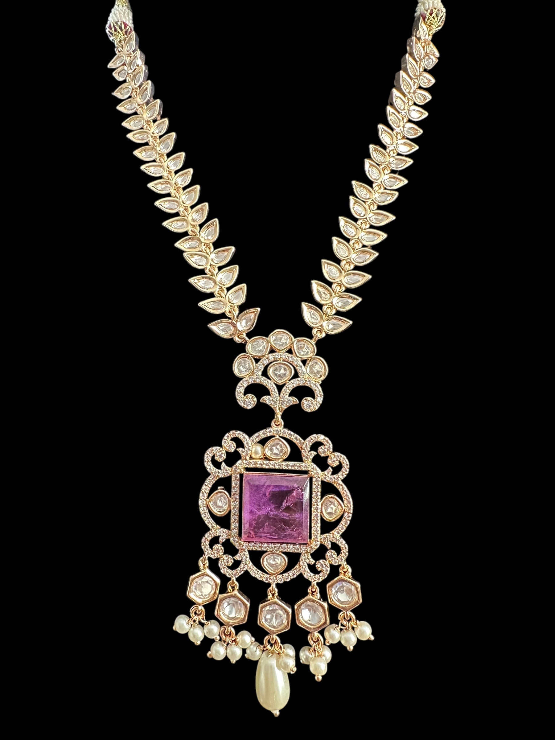 DNS154 Polki necklace set with pearls - PURPLE ( READY TO SHIP )