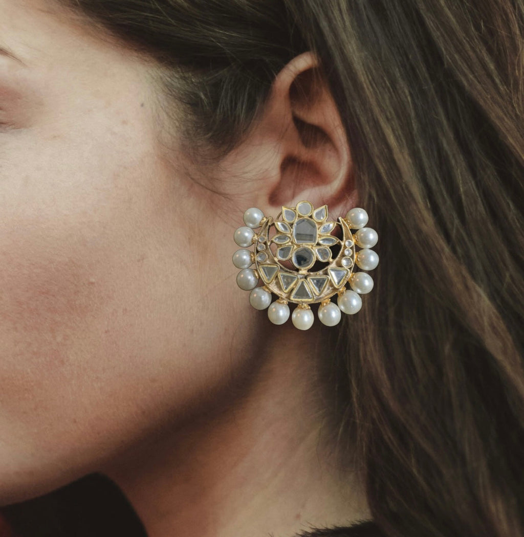 DT1 Niswa Gold-Plated Kundan Tops Handcrafted Pearl Stud Earrings ( READY TO SHIP  )