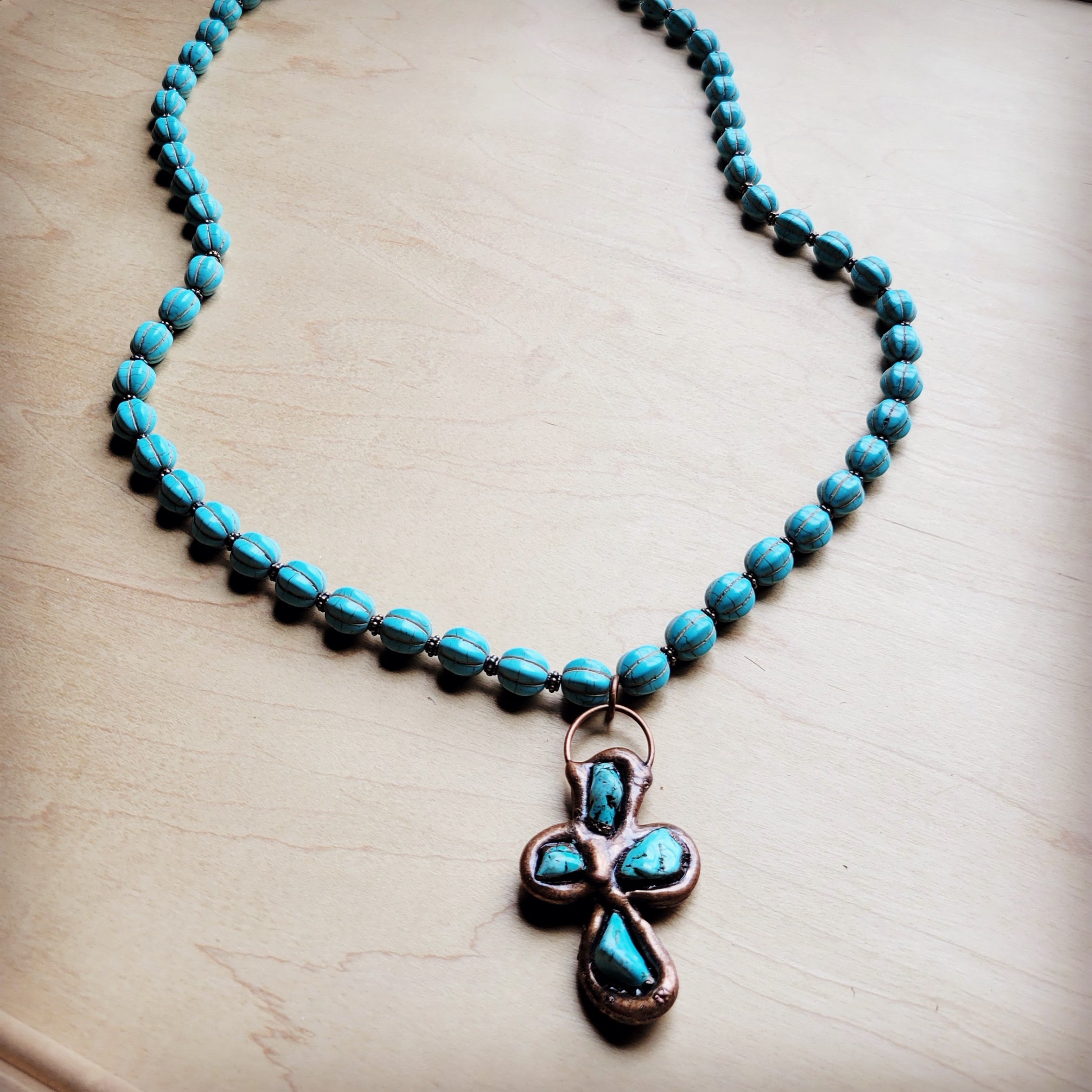 **Blue Turquoise Melon Beaded Necklace w/ Copper Cross 260g
