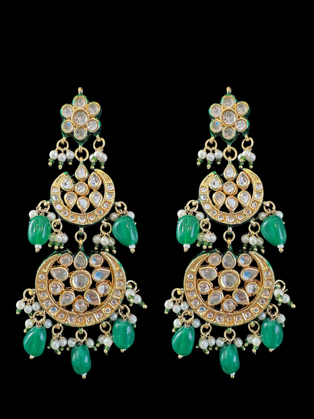 Irina earrings tika set in kundan with green beads ( READY TO SHIP )