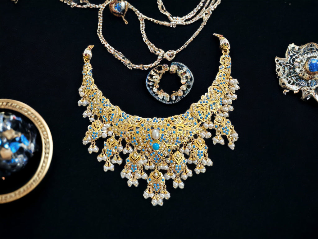 Turquoise pearl/ feroza pearl gold plated silver necklace with earrings ( READY TO SHIP )