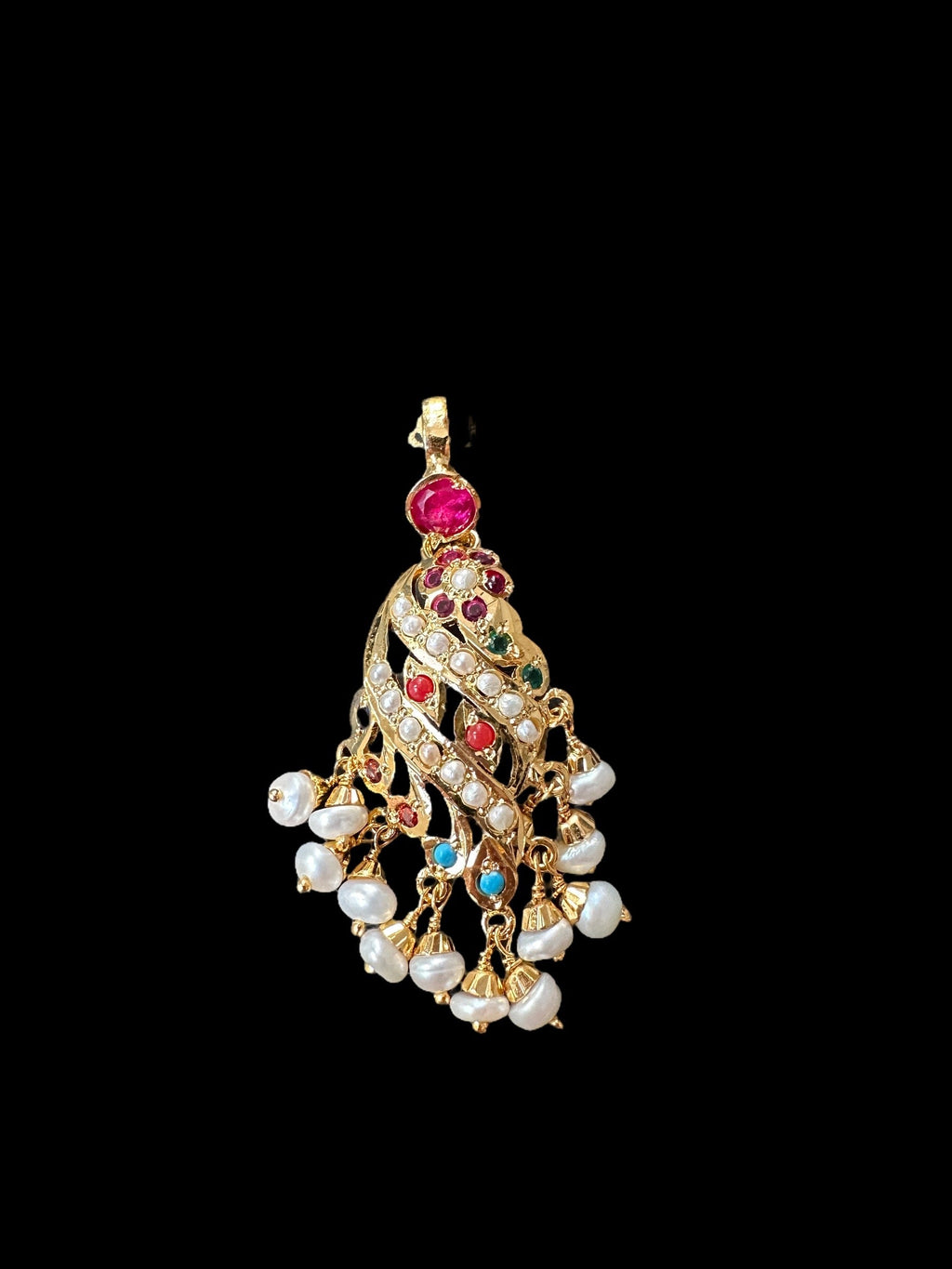 Gold plated jadau silver pendant set in navratan   ( SHIPS IN 4 WEEKS )