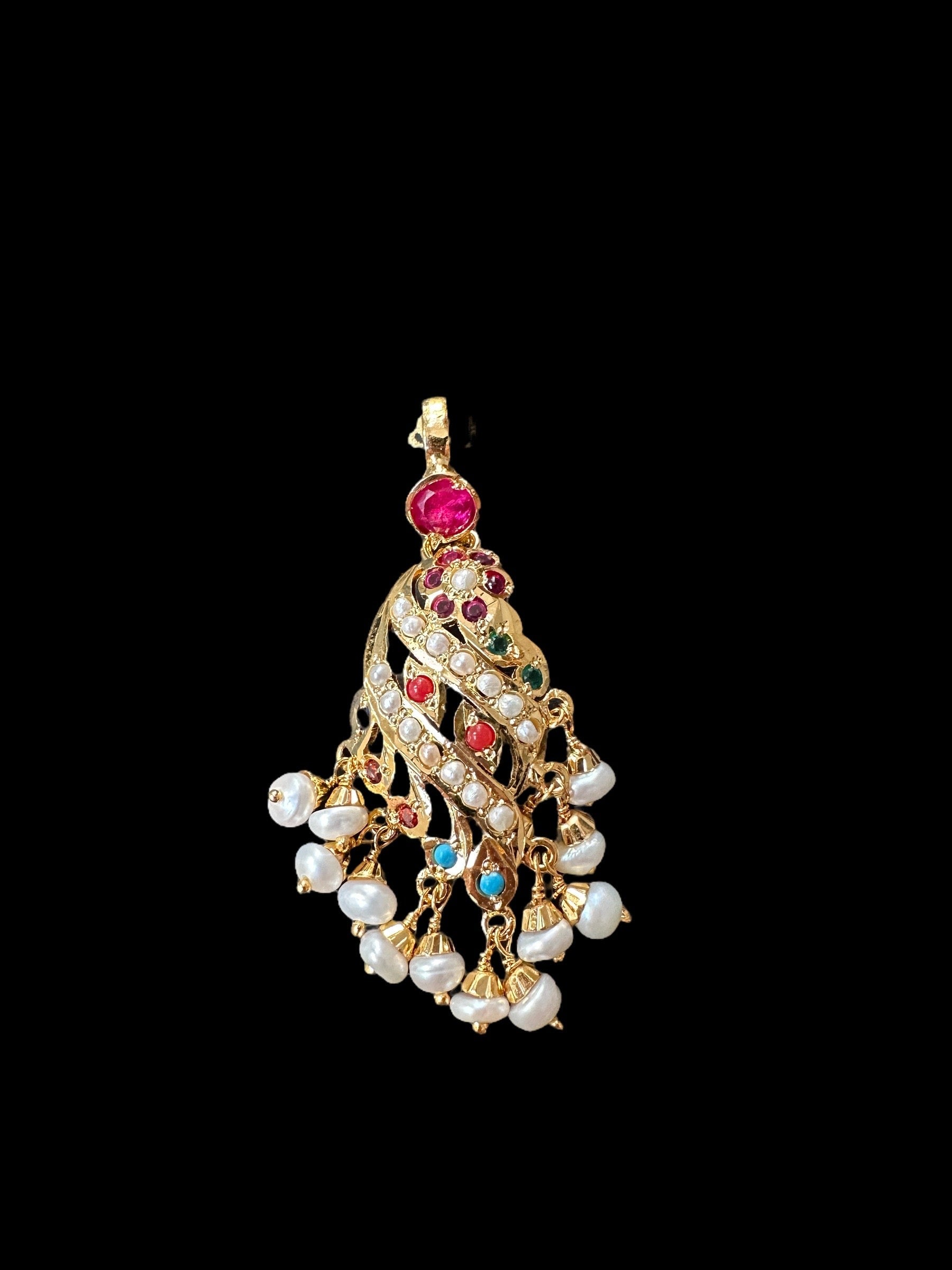 Gold plated jadau silver pendant set in navratan   ( SHIPS IN 4 WEEKS )