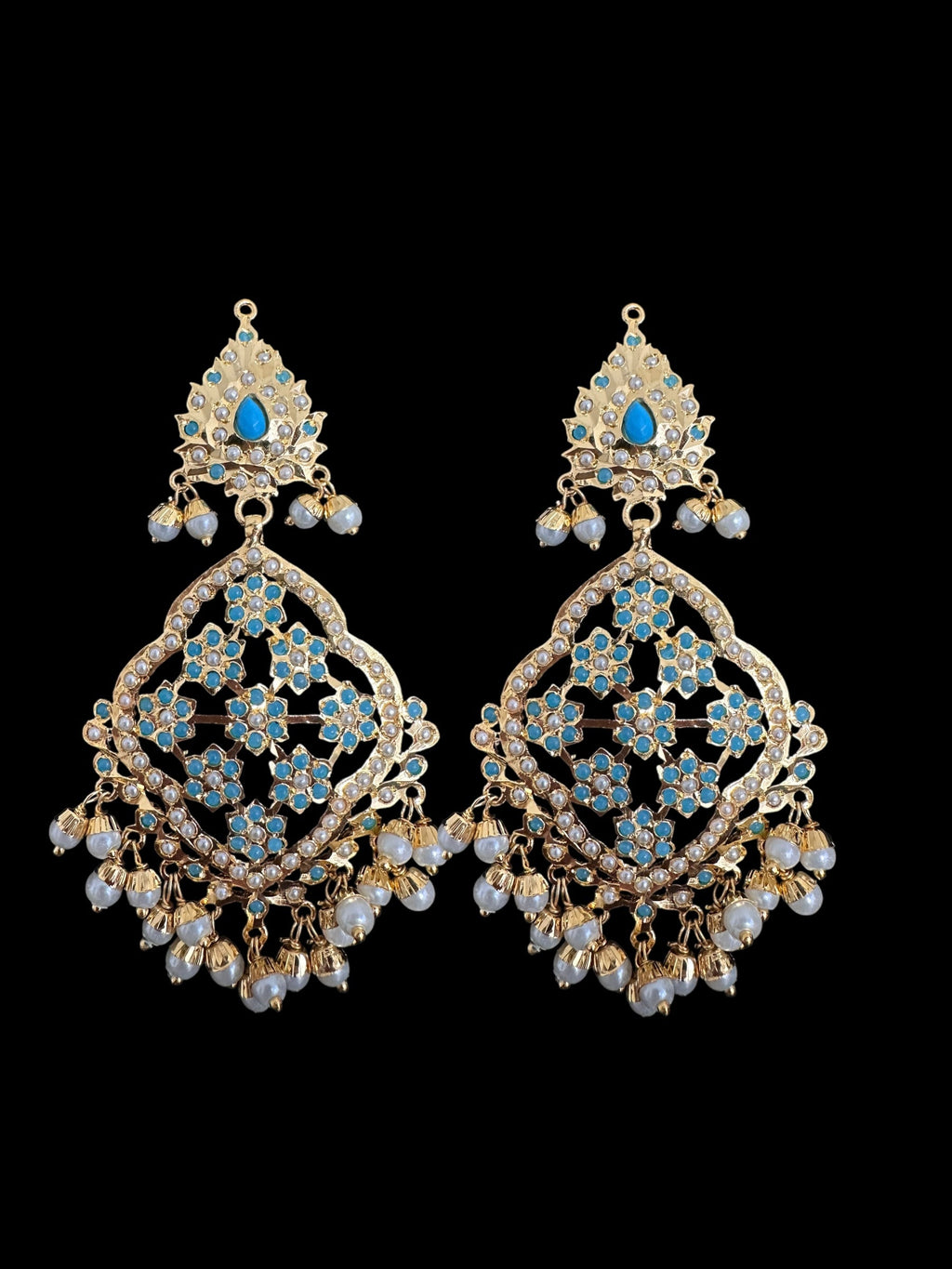 Mehru Jadau chandbali earrings tika in turquoise/feroza pearls ( READY TO SHIP )