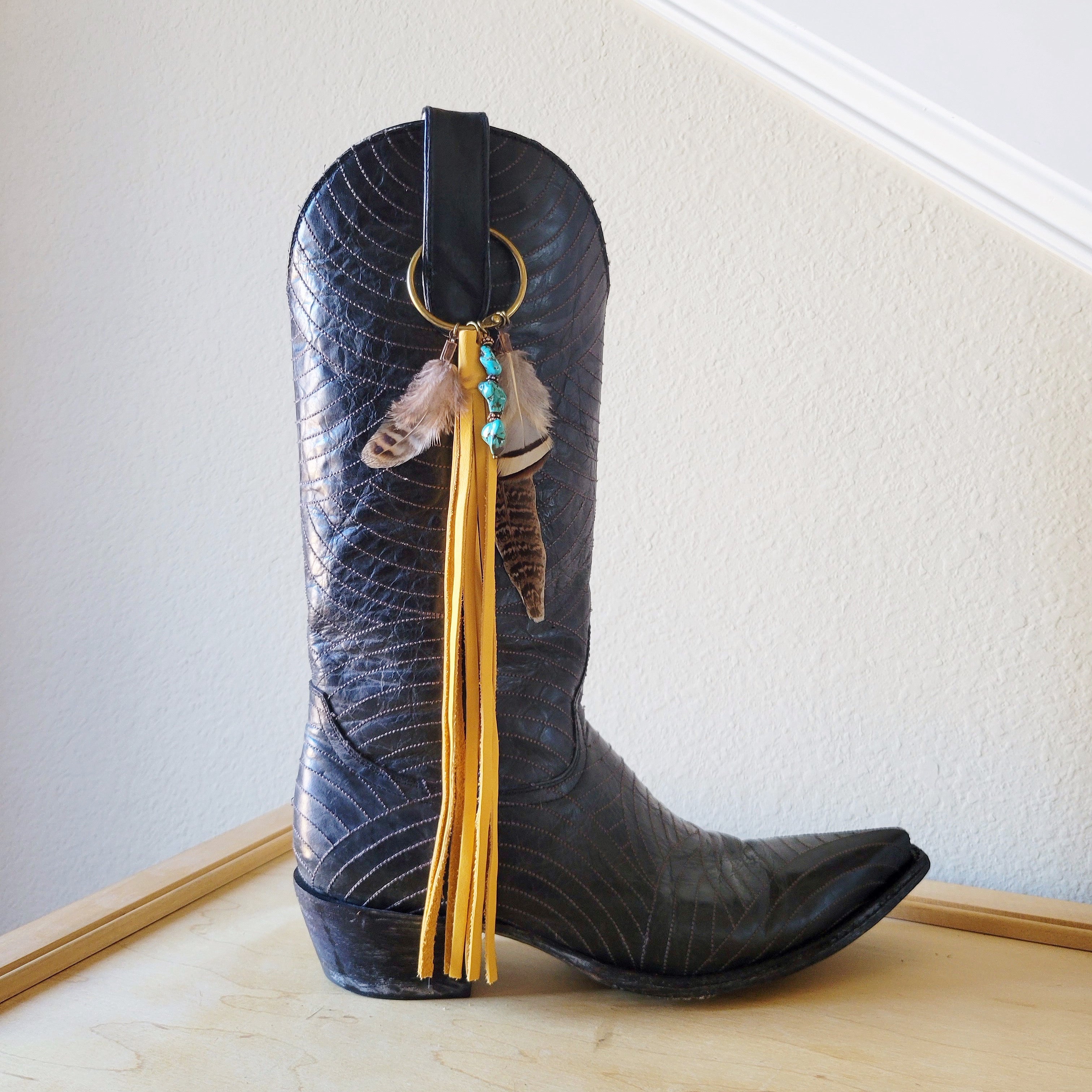 Boho Western Boot Bling Charm with Leather Fringe 500c