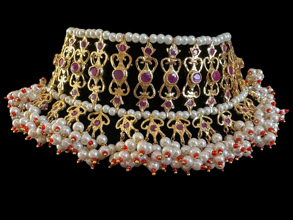 C534 Viya bridal choker set in rubies and pearls  (SHIPS IN 4 WEEKS )