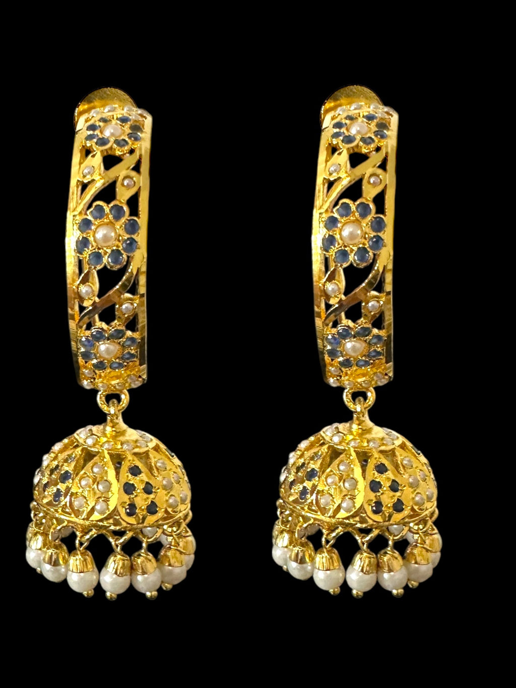 DER805 Jadau jhumka/hoop earrings in sapphire pearl combination ( SHIPS IN 3 WEEKS )