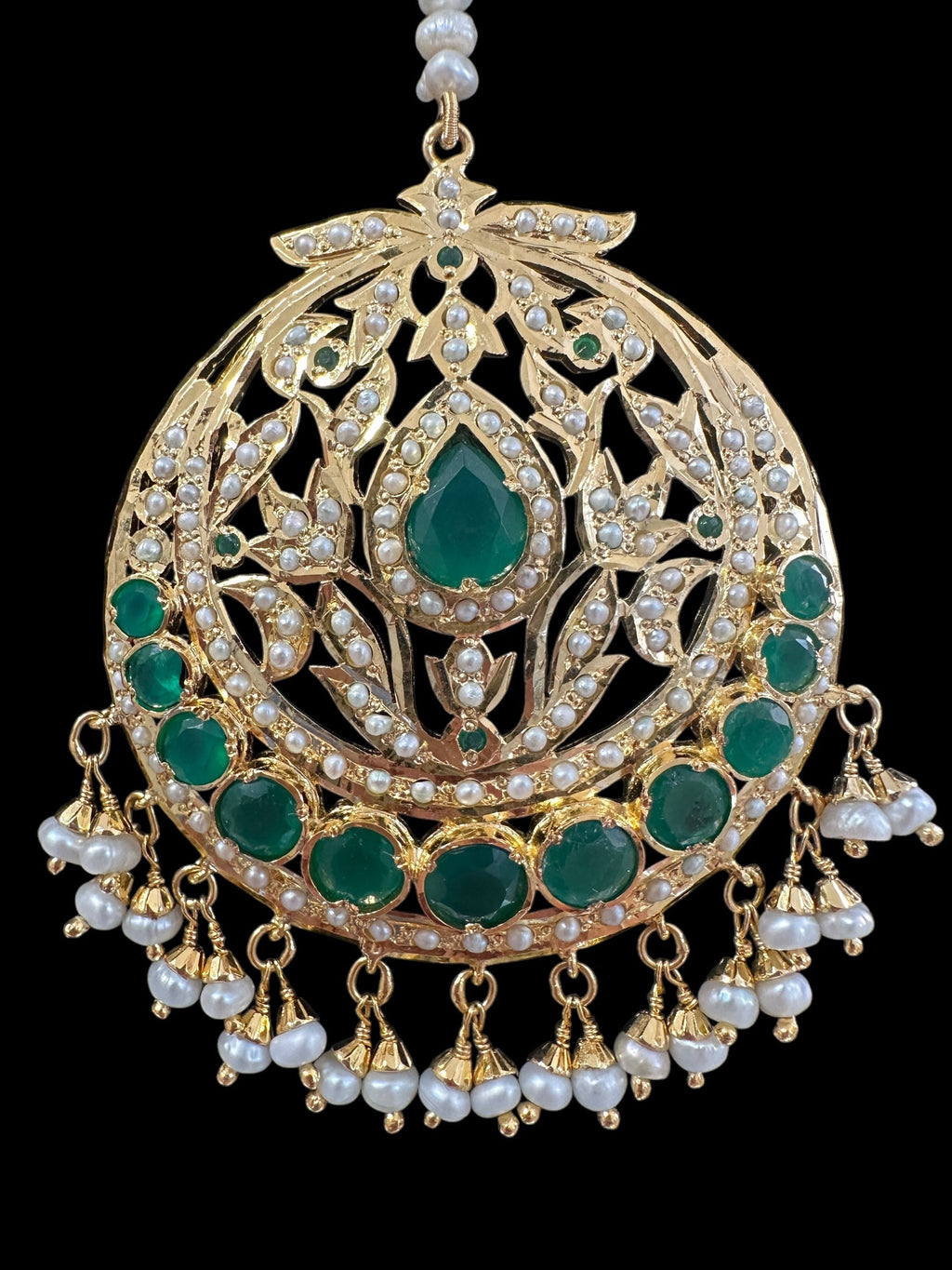 Emerald and pearl tika in silver with fresh water pearls - gold plated , Oversized( SHIPS IN 5 WEEKS )