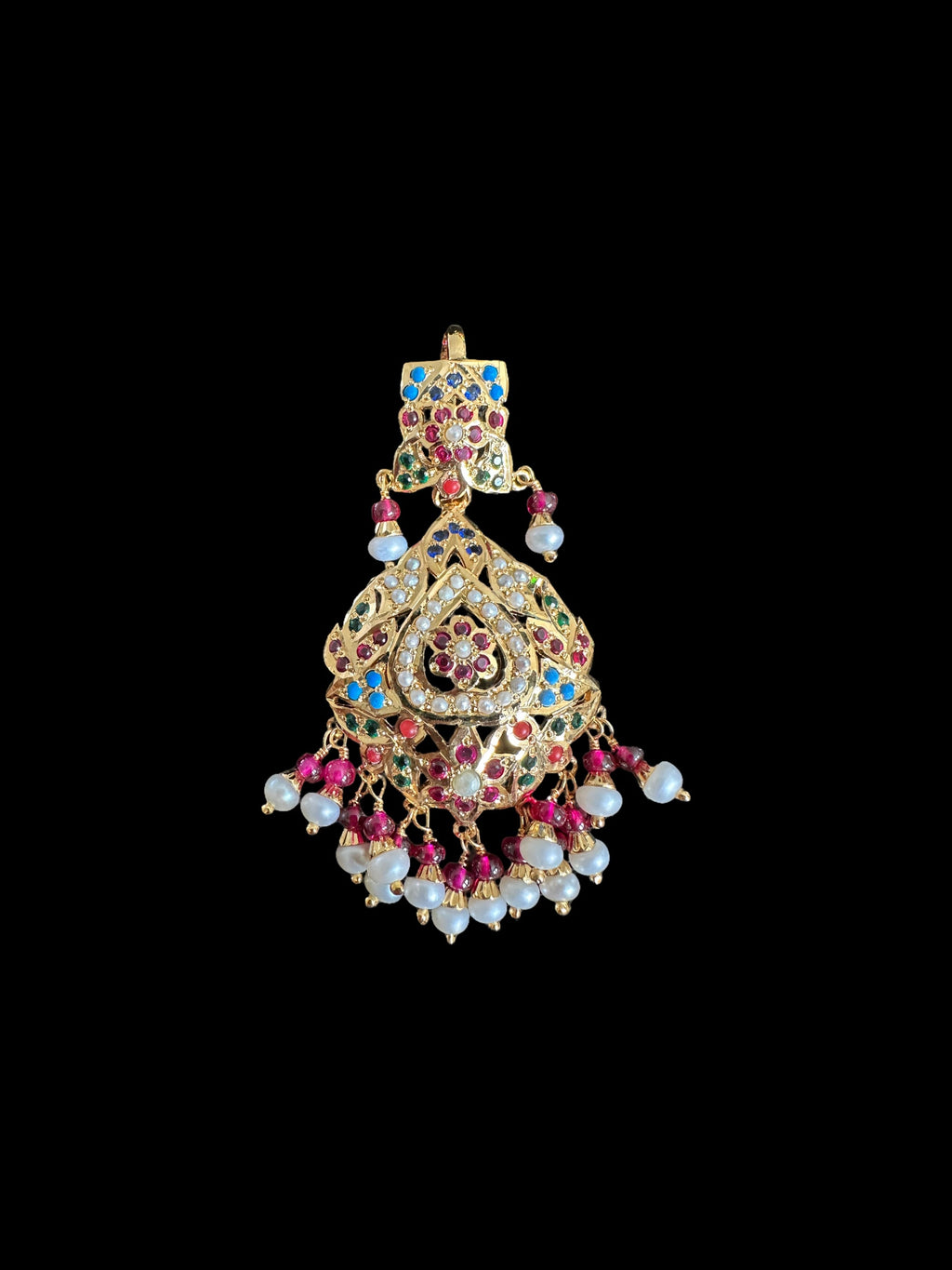 Gold plated jadau silver pendant set in navratan  ( SHIPS IN 5 WEEKS )