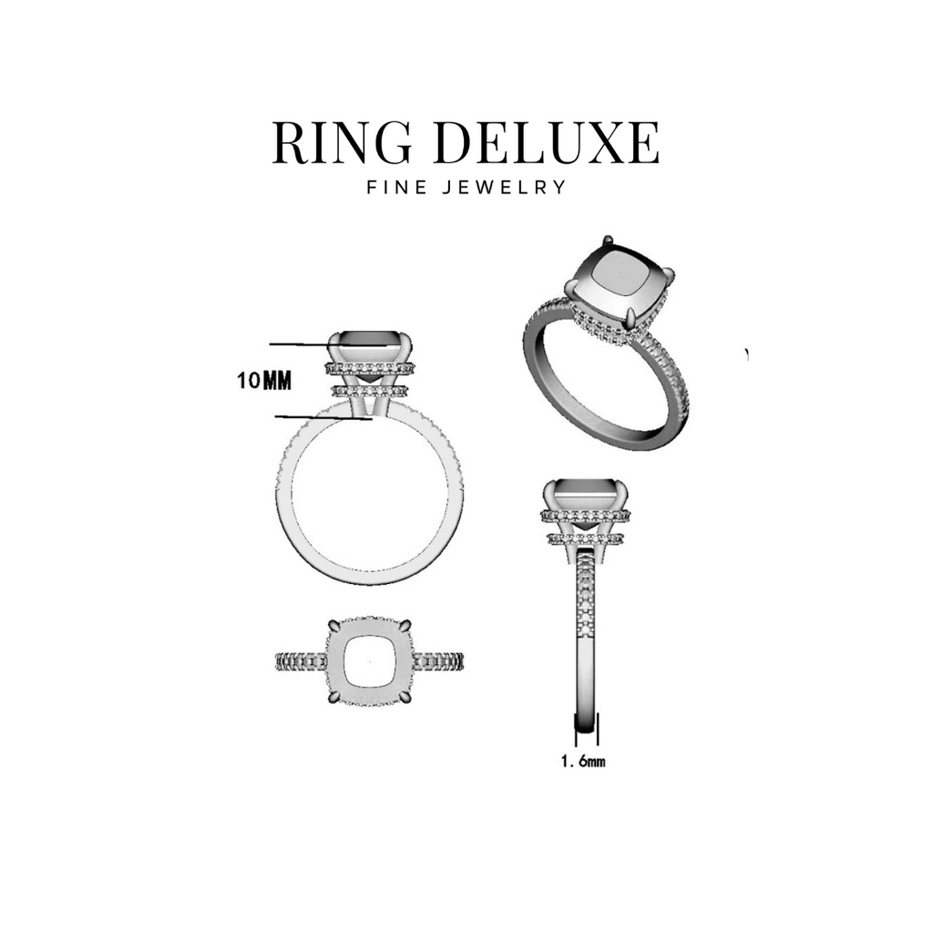 4.0ct Cushion Cut Moissanite Diamond Double Hidden Halo Engagement Ring